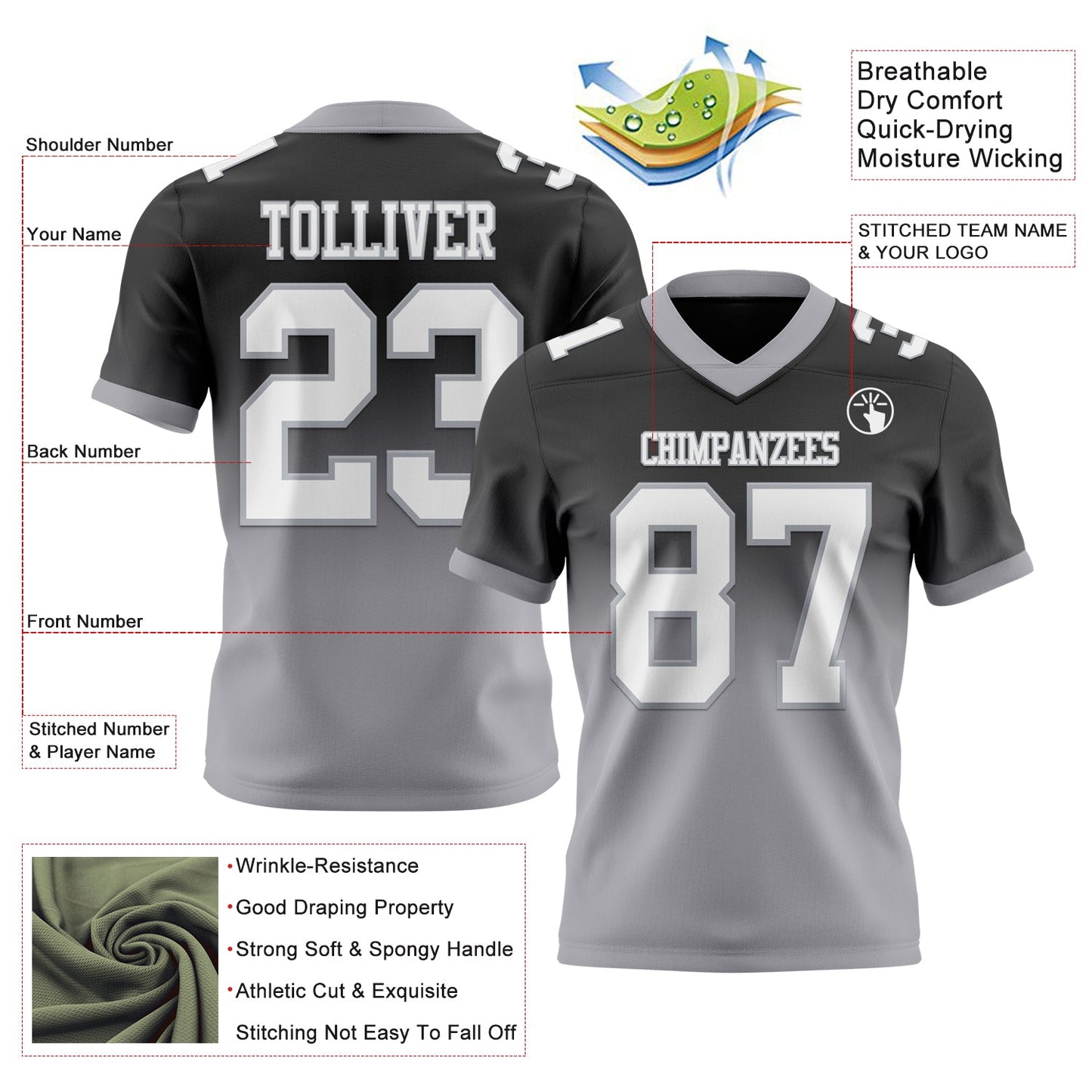Custom Black White-Gray Authentic Fade Fashion Football Jersey view 2