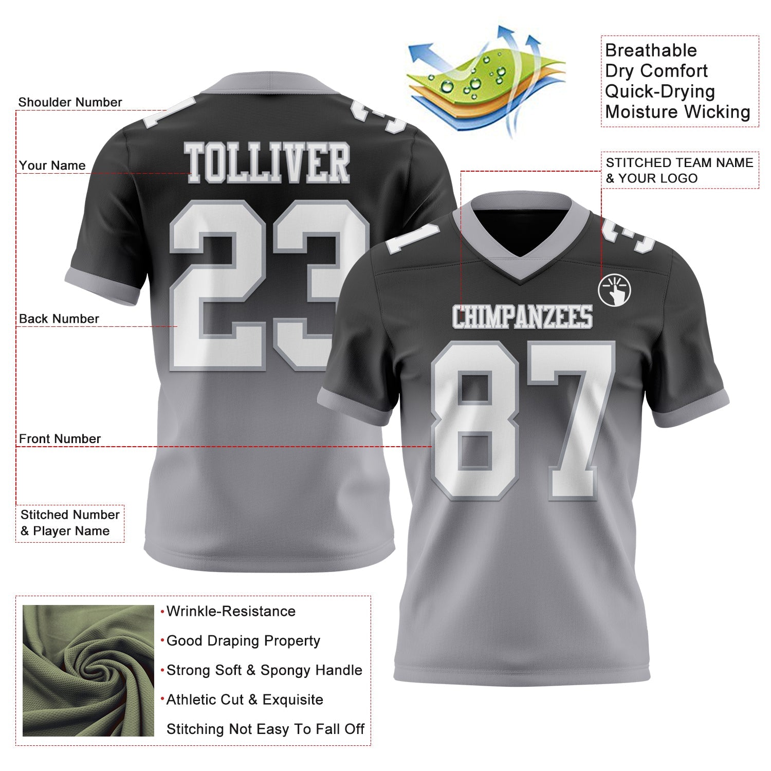 Custom Black White-Gray Authentic Fade Fashion Football Jersey view 2