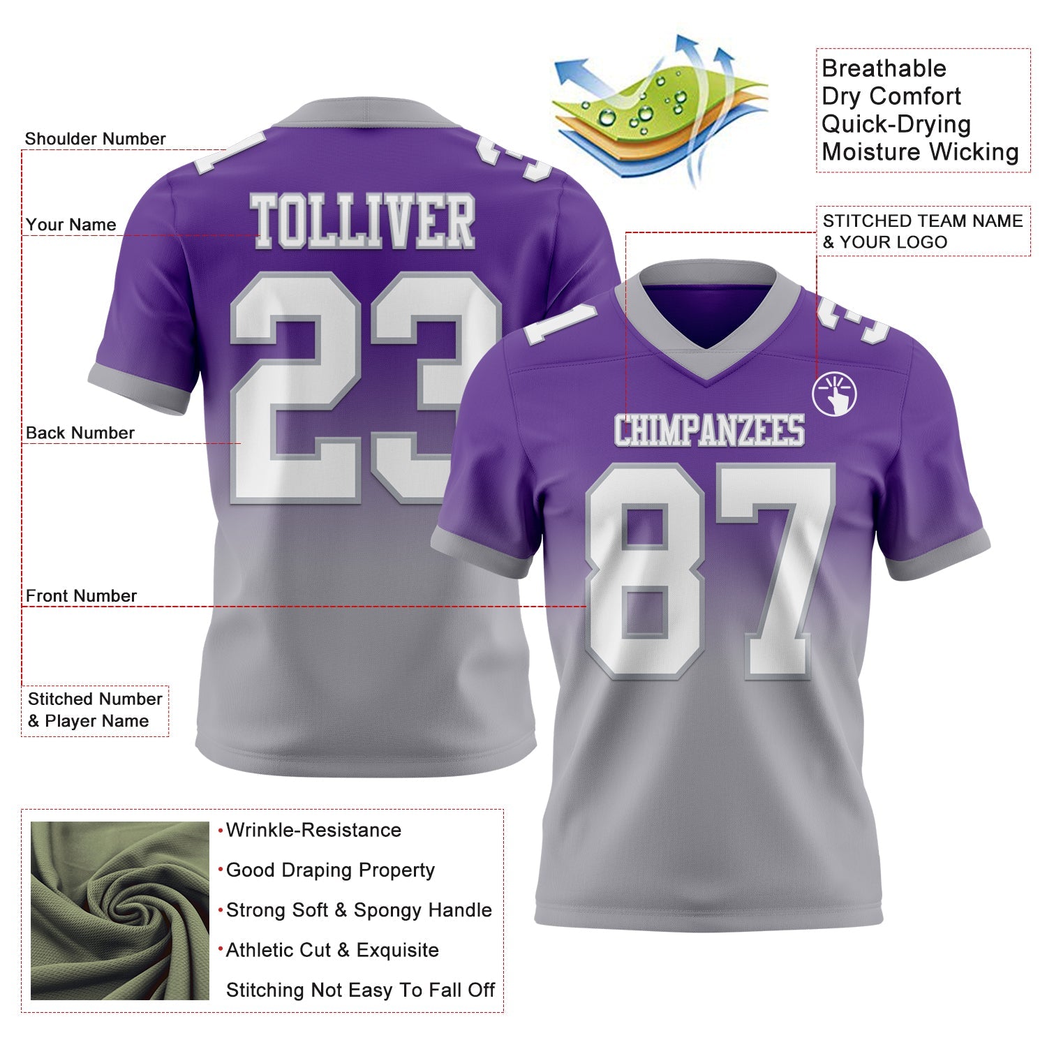 Custom Purple White-Gray Authentic Fade Fashion Football Jersey view 2