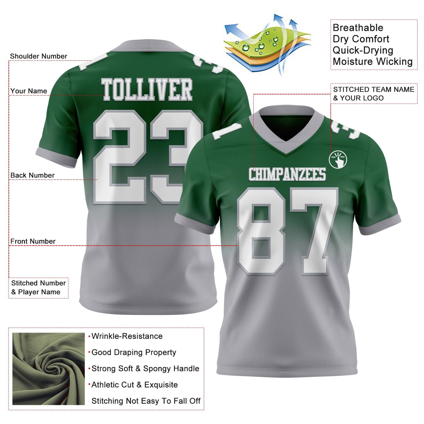Custom Green White-Gray Authentic Fade Fashion Football Jersey view 2