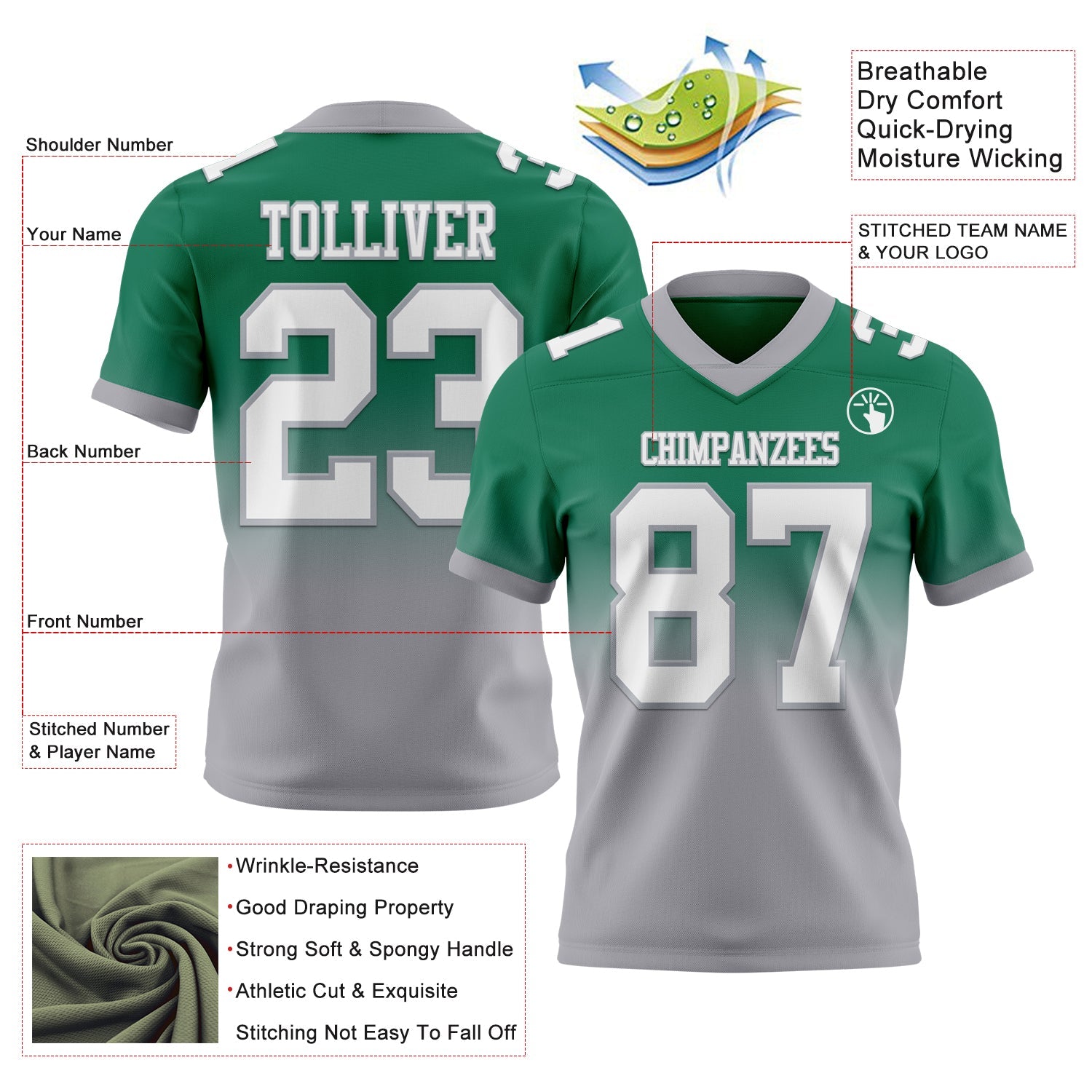 Custom Kelly Green White-Gray Authentic Fade Fashion Football Jersey view 2