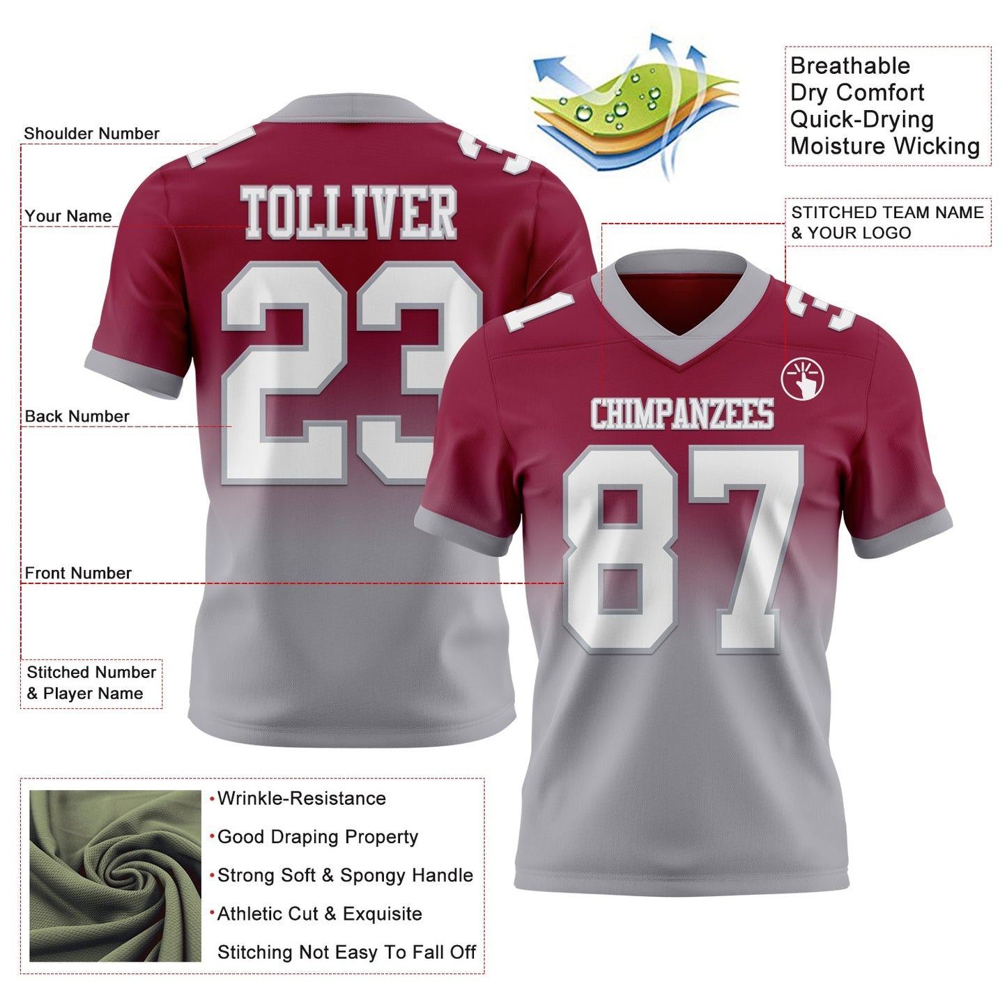 Custom Maroon White-Gray Authentic Fade Fashion Football Jersey view 2
