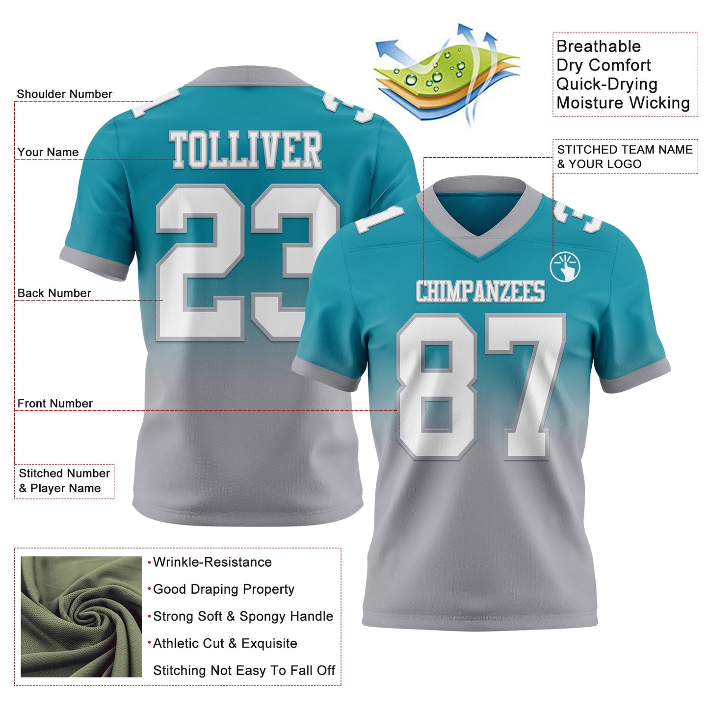 Custom Teal White-Gray Authentic Fade Fashion Football Jersey view 2