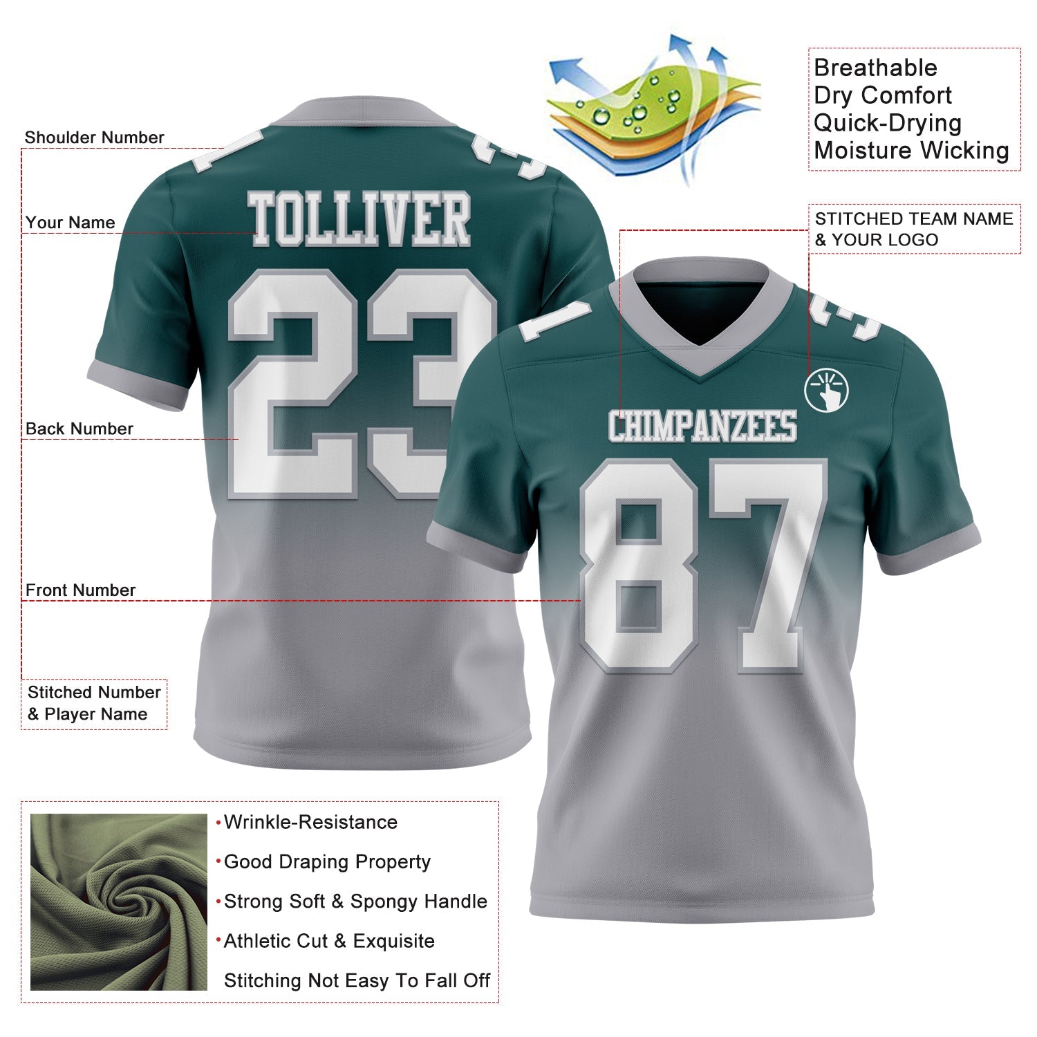 Custom Midnight Green White-Gray Authentic Fade Fashion Football Jersey view 2