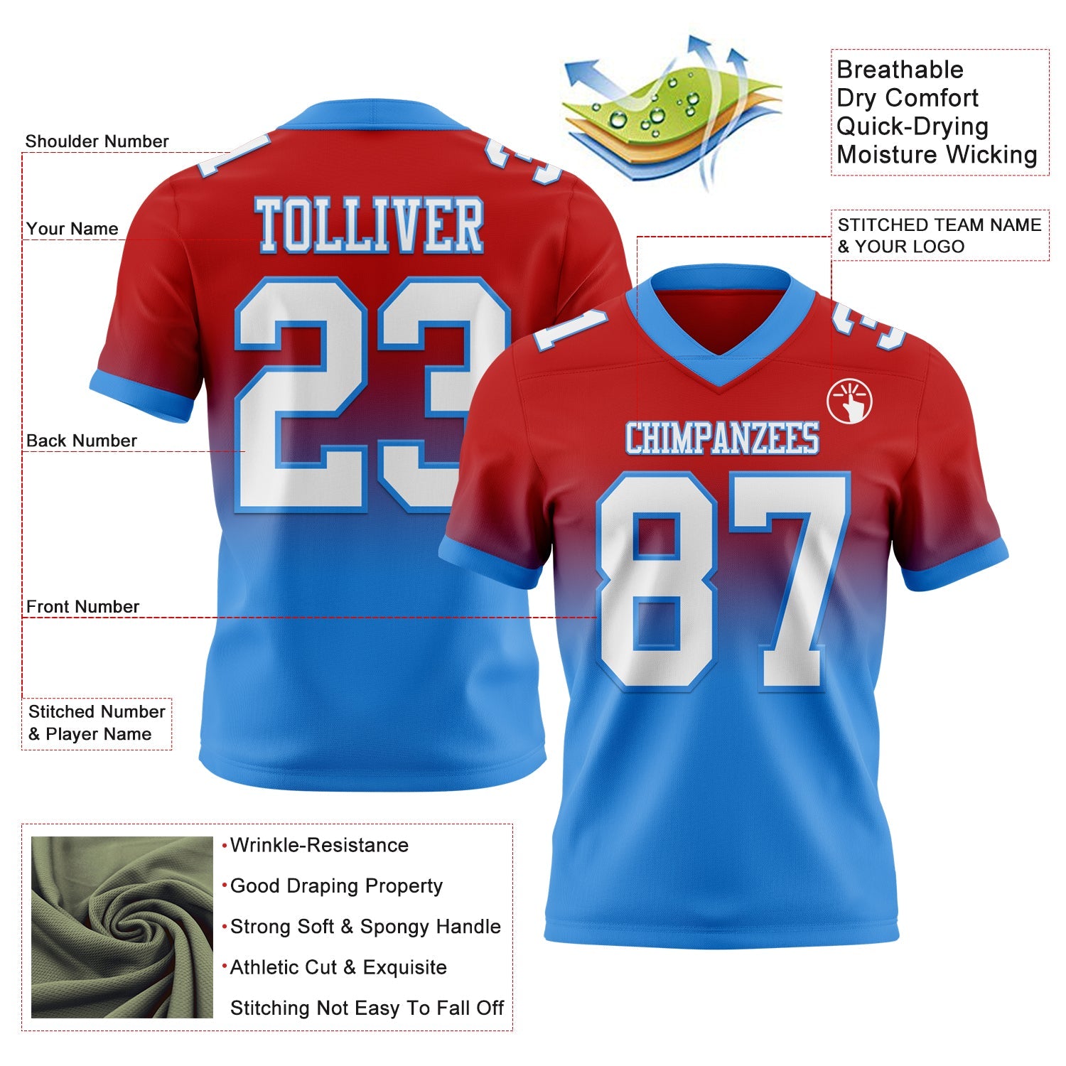 Custom Red White-Powder Blue Authentic Fade Fashion Football Jersey view 2
