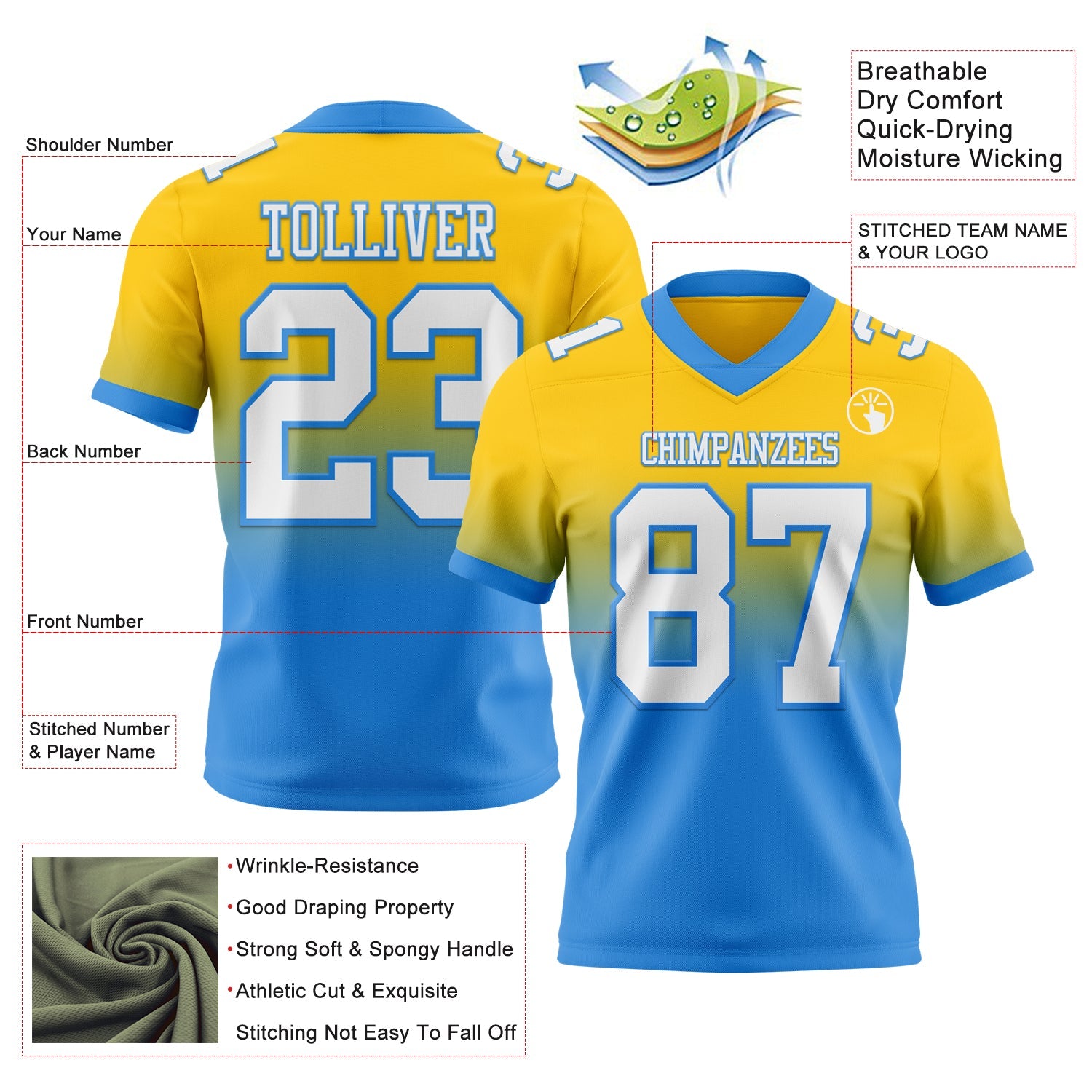 Custom Yellow White-Powder Blue Authentic Fade Fashion Football Jersey view 2