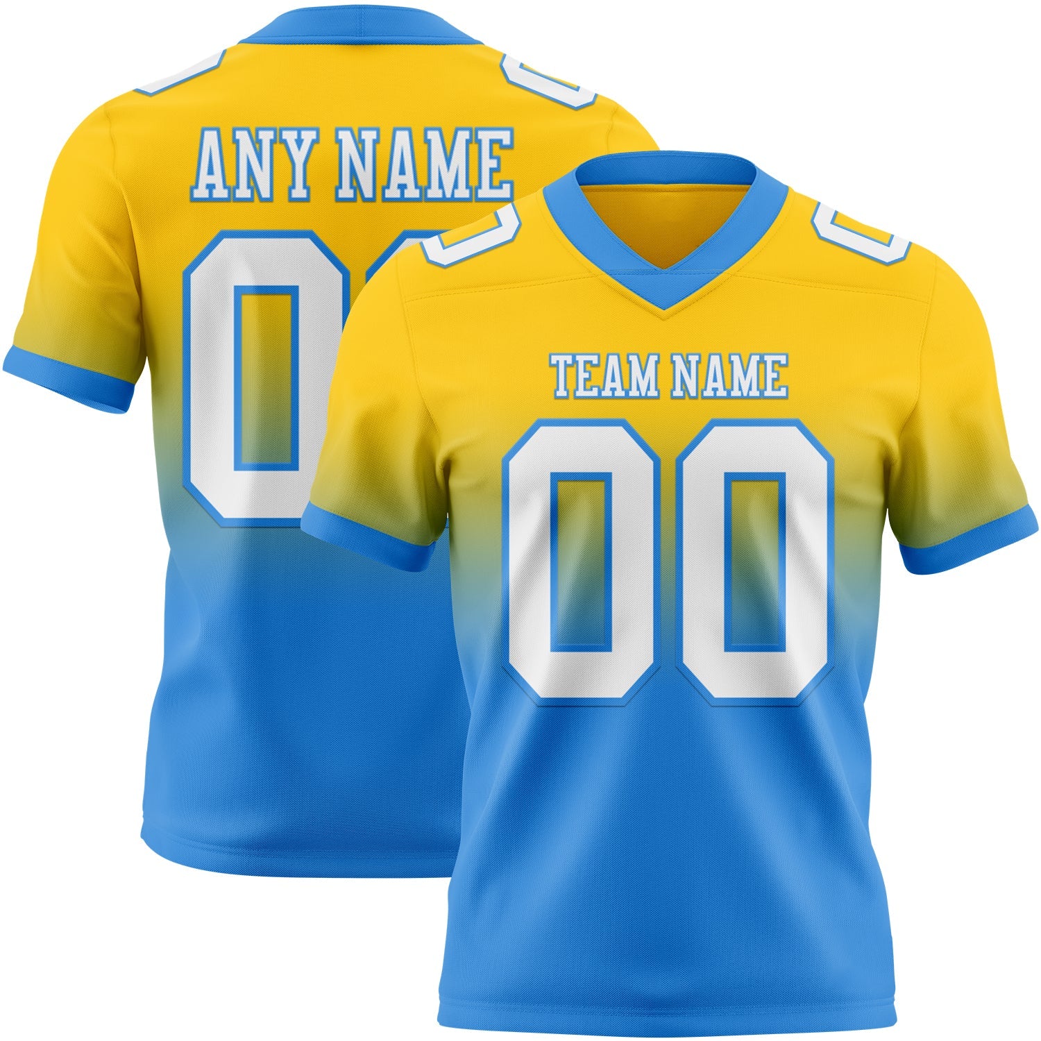 Custom Yellow White-Powder Blue Authentic Fade Fashion Football Jersey - Main View