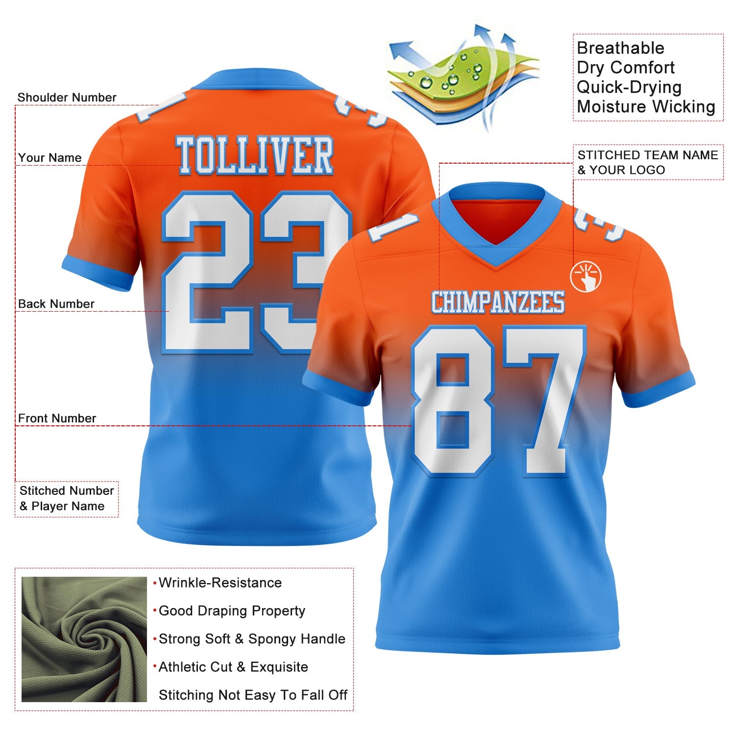 Custom Orange White-Powder Blue Authentic Fade Fashion Football Jersey view 2