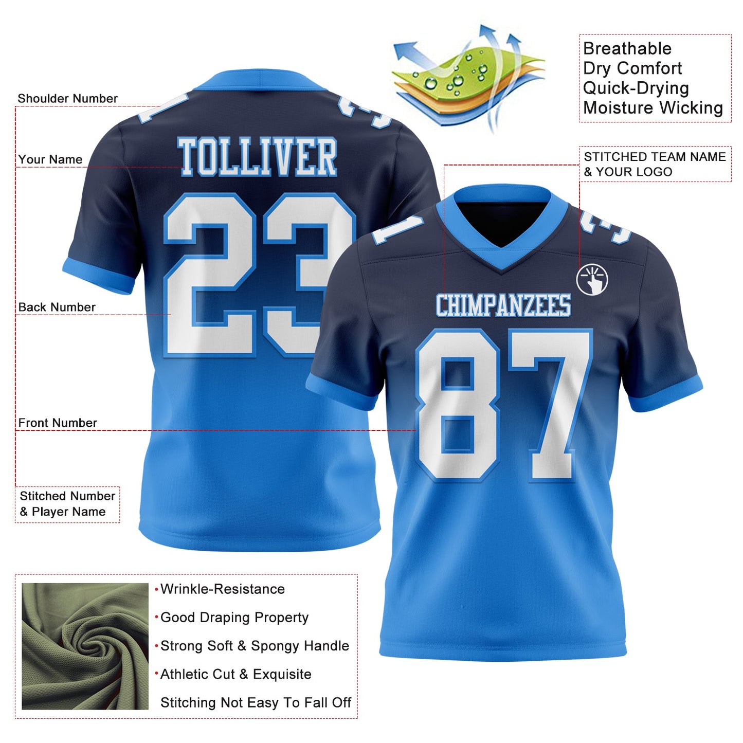 Custom Navy White-Powder Blue Authentic Fade Fashion Football Jersey view 2