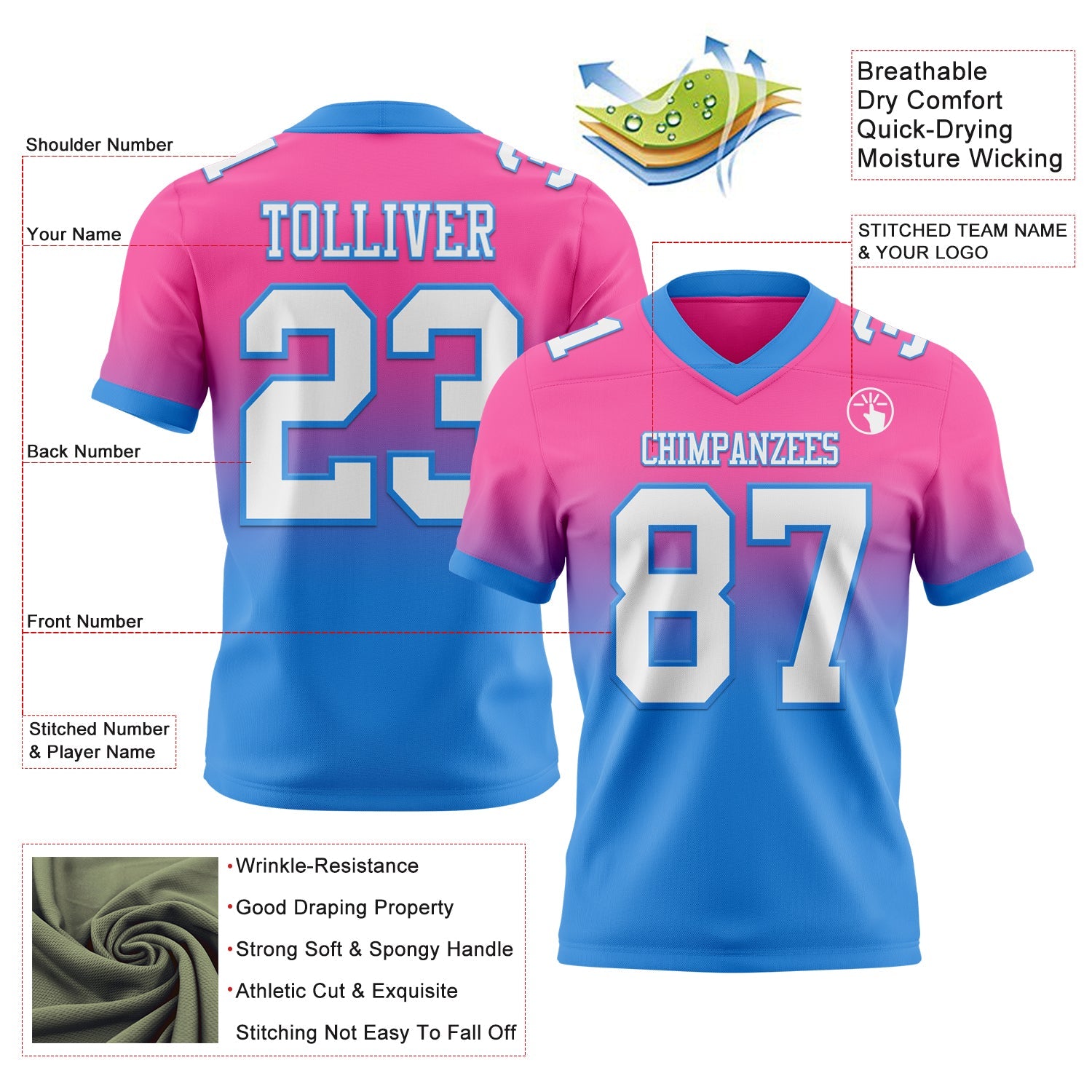 Custom Pink White-Powder Blue Authentic Fade Fashion Football Jersey view 2