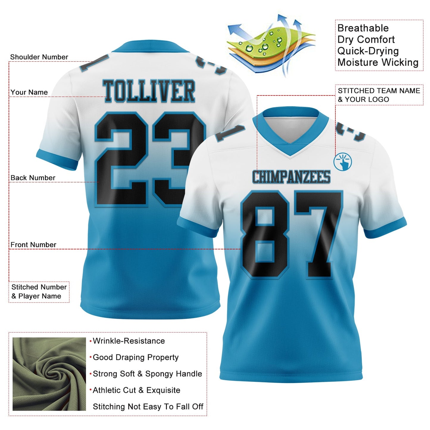 Custom White Black-Panther Blue Authentic Fade Fashion Football Jersey view 2