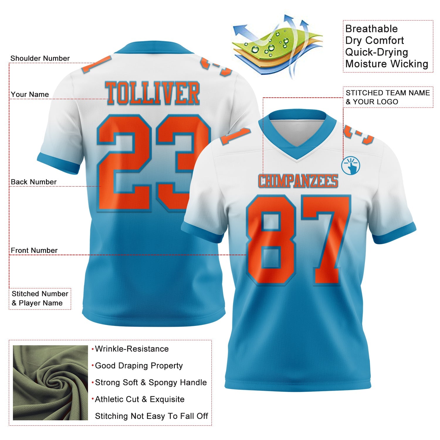 Custom White Orange-Panther Blue Authentic Fade Fashion Football Jersey view 2
