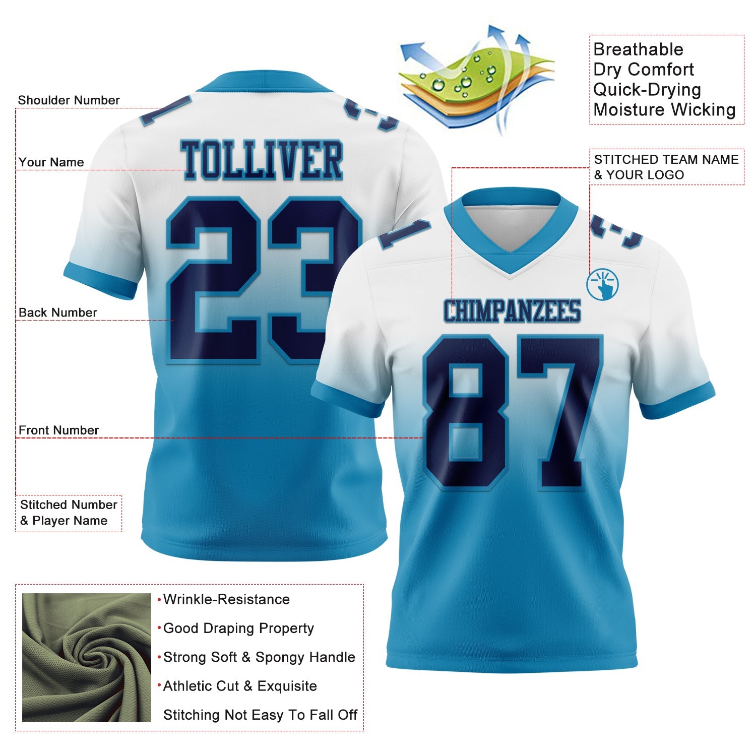 Custom White Navy-Panther Blue Authentic Fade Fashion Football Jersey view 2