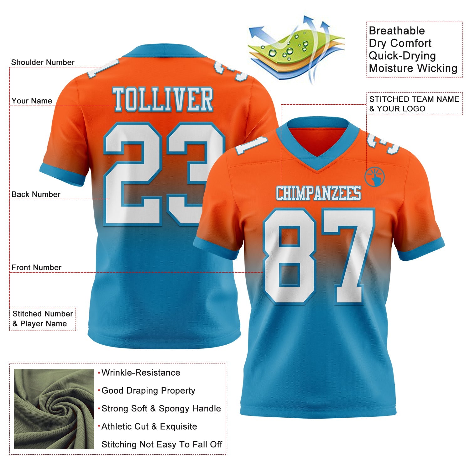 Custom Orange White-Panther Blue Authentic Fade Fashion Football Jersey view 2