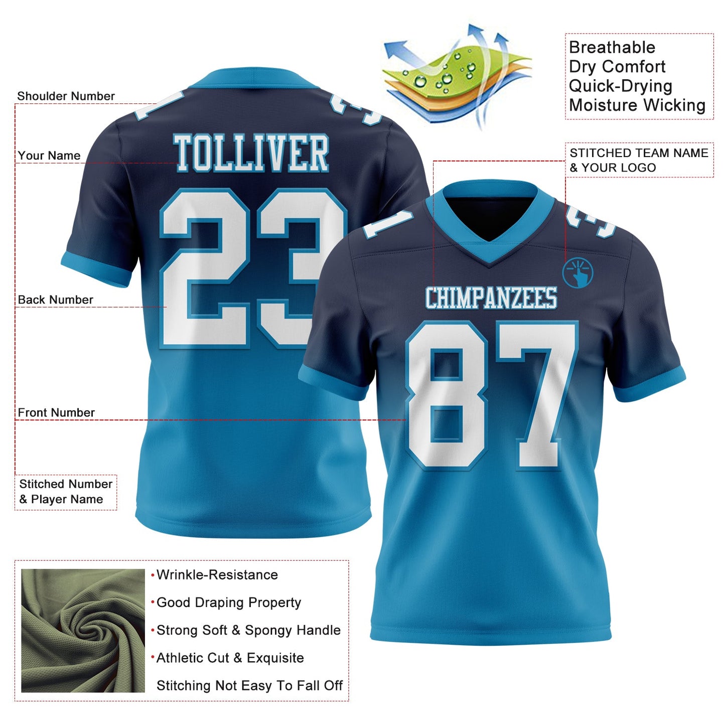 Custom Navy White-Panther Blue Authentic Fade Fashion Football Jersey view 2