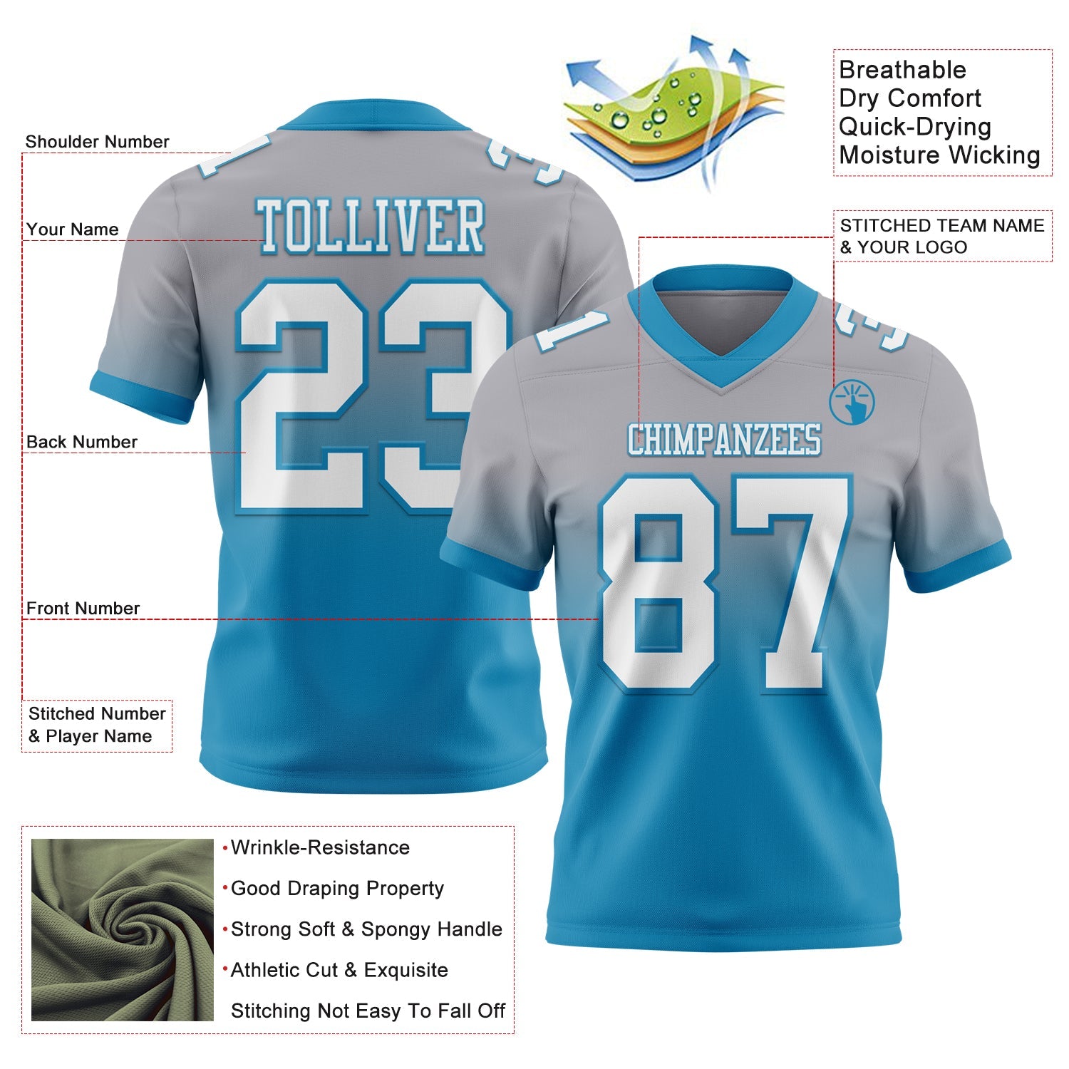 Custom Gray White-Panther Blue Authentic Fade Fashion Football Jersey view 2