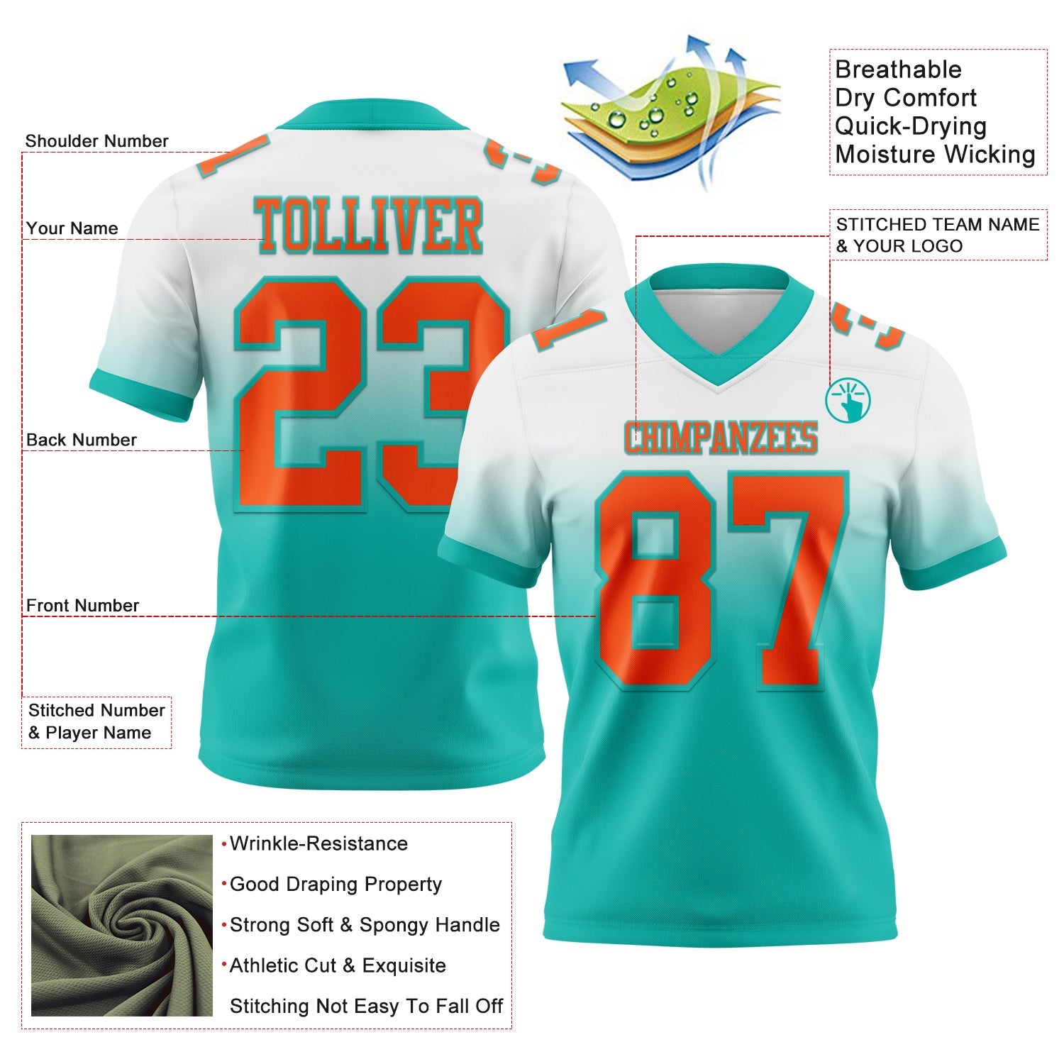 Custom White Orange-Aqua Authentic Fade Fashion Football Jersey view 2