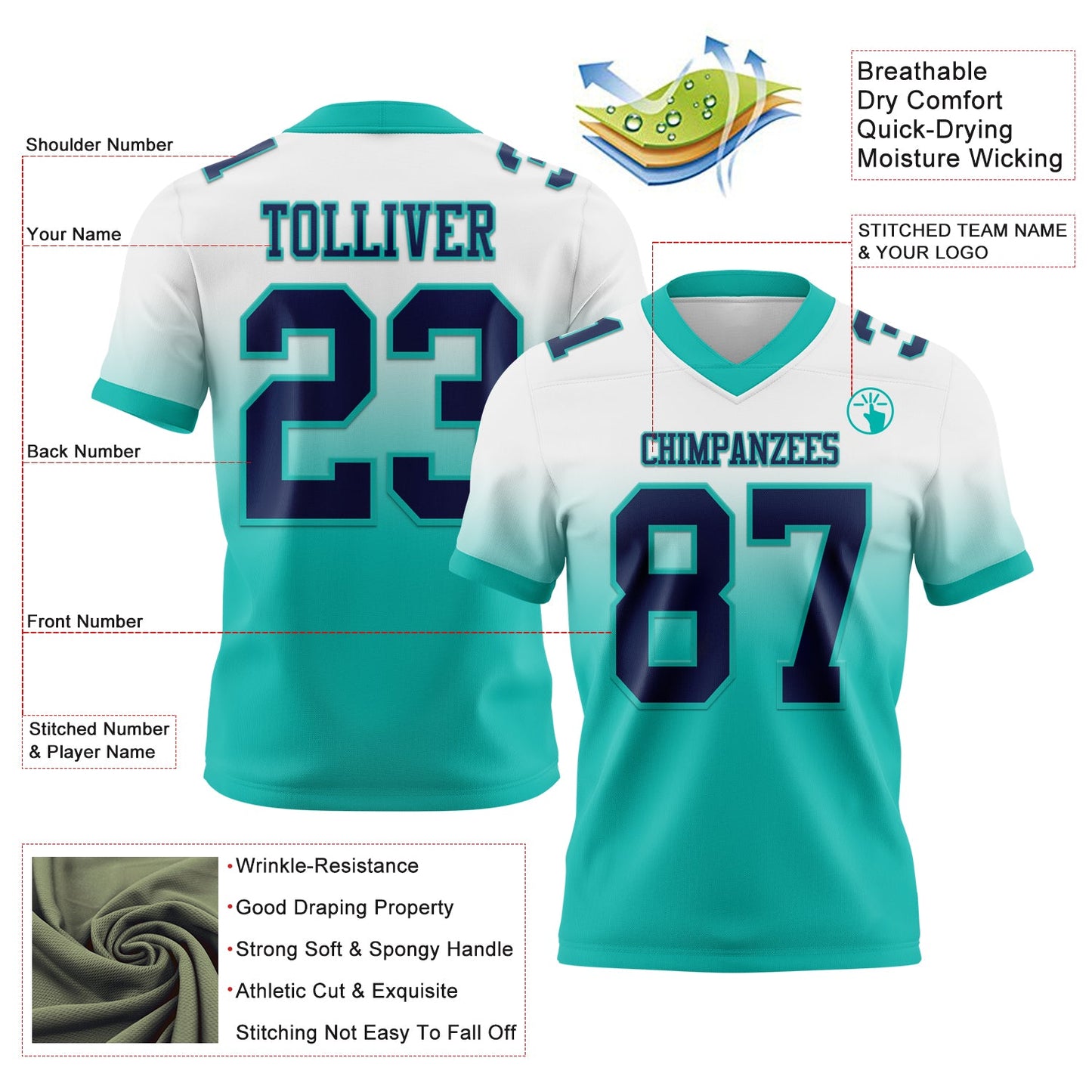 Custom White Navy-Aqua Authentic Fade Fashion Football Jersey view 2