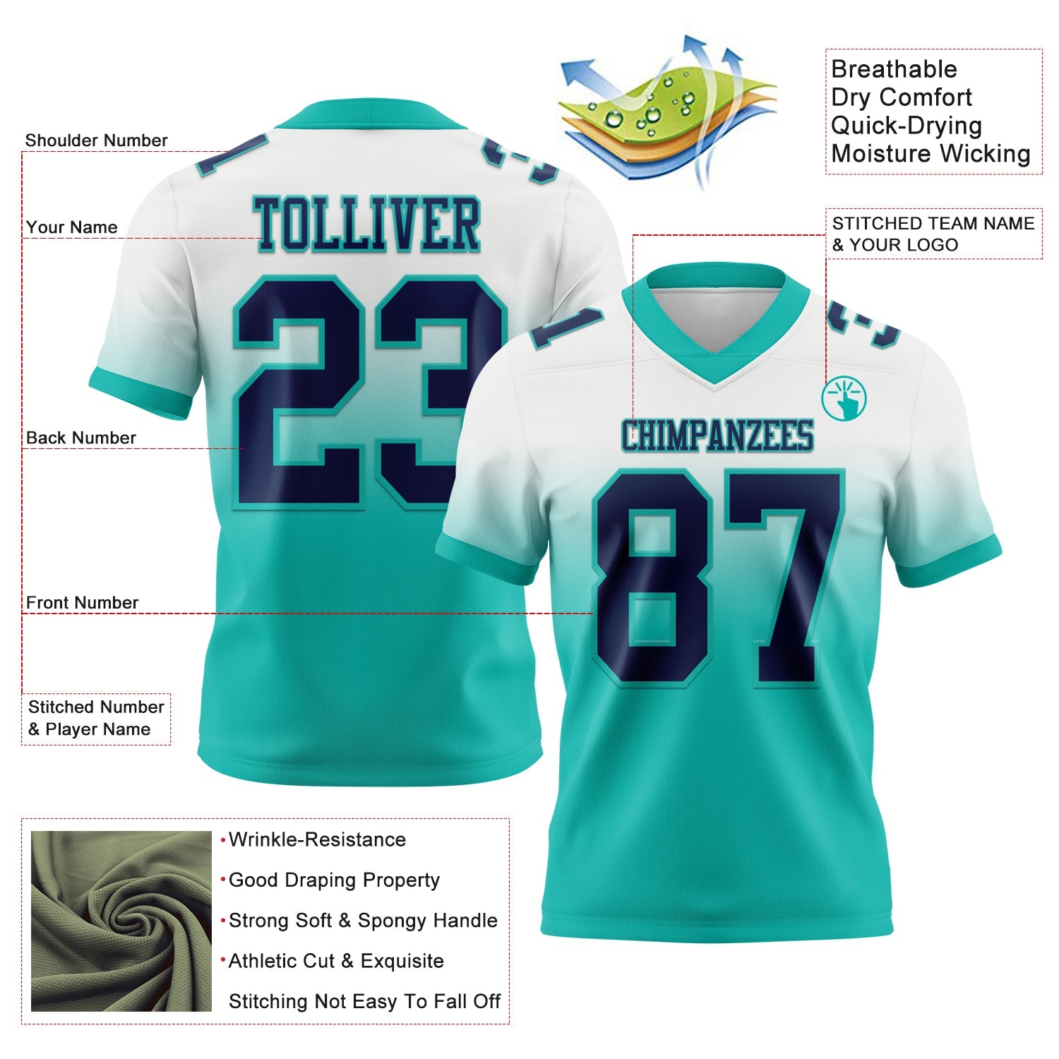 Custom White Navy-Aqua Authentic Fade Fashion Football Jersey view 2
