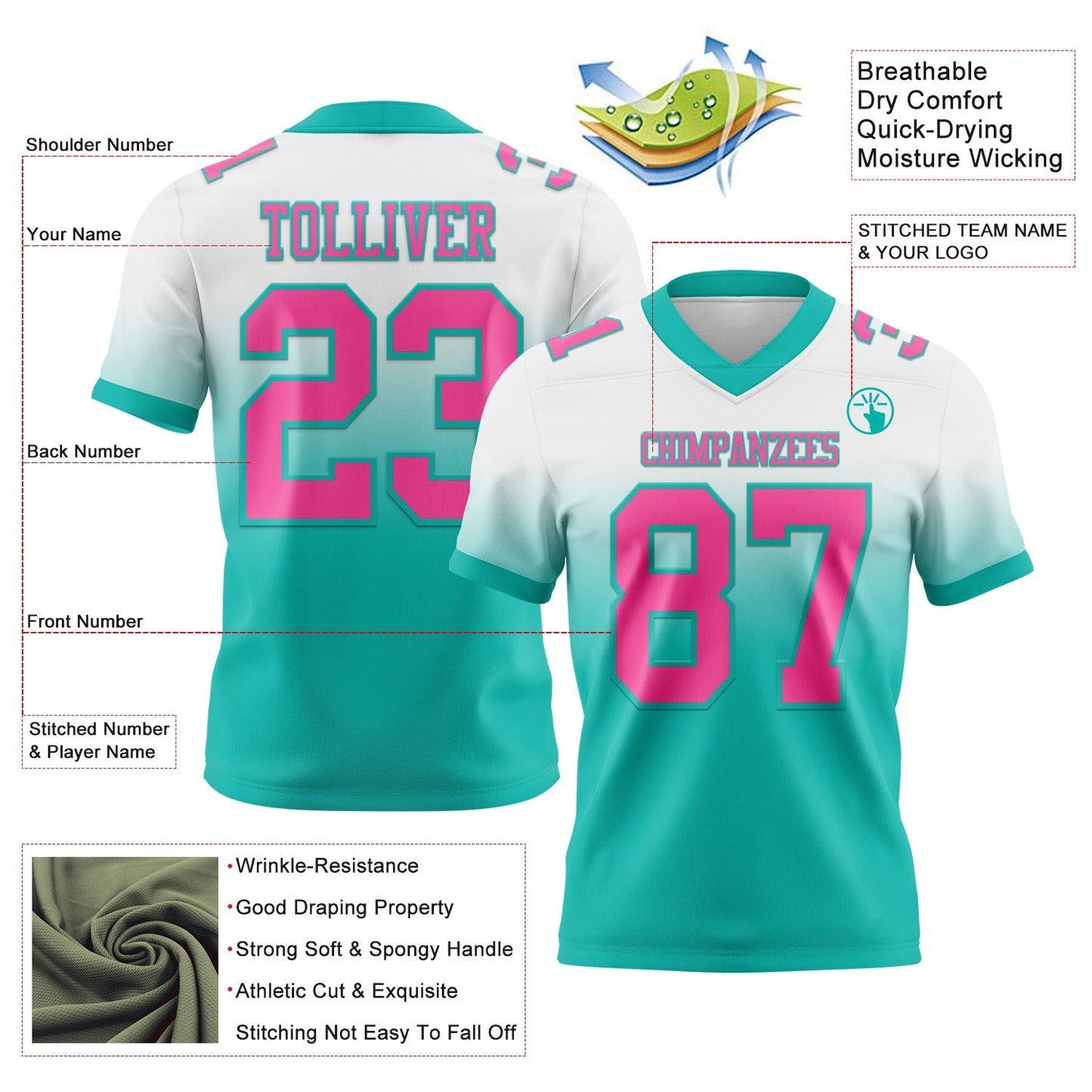 Custom White Pink-Aqua Authentic Fade Fashion Football Jersey view 2