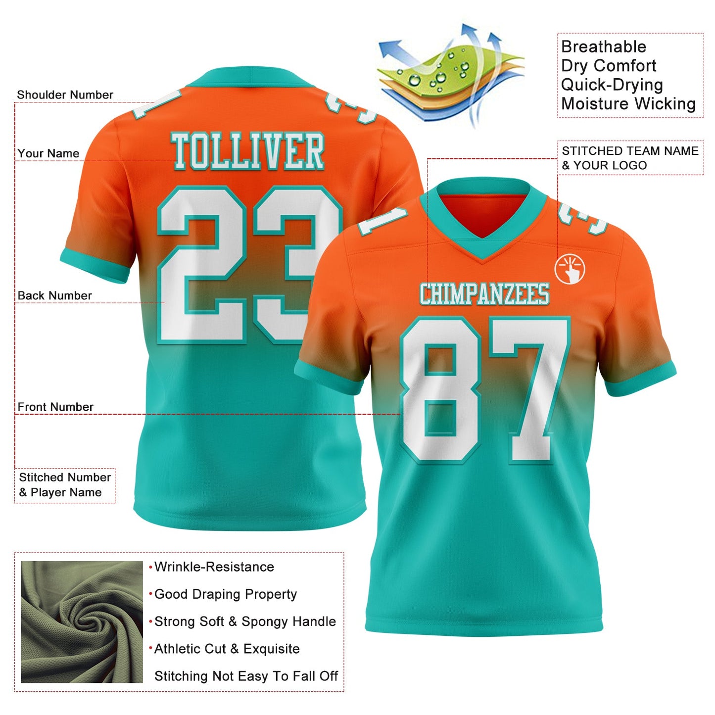 Custom Orange White-Aqua Authentic Fade Fashion Football Jersey view 2
