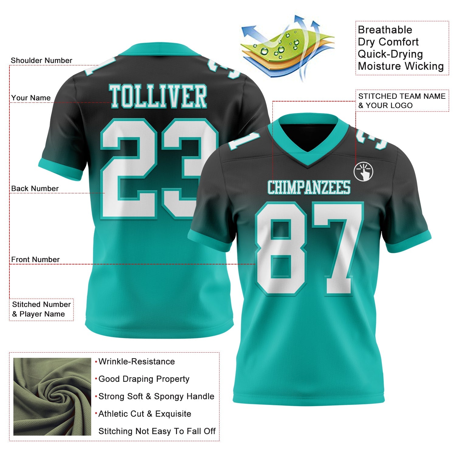 Custom Black White-Aqua Authentic Fade Fashion Football Jersey view 2