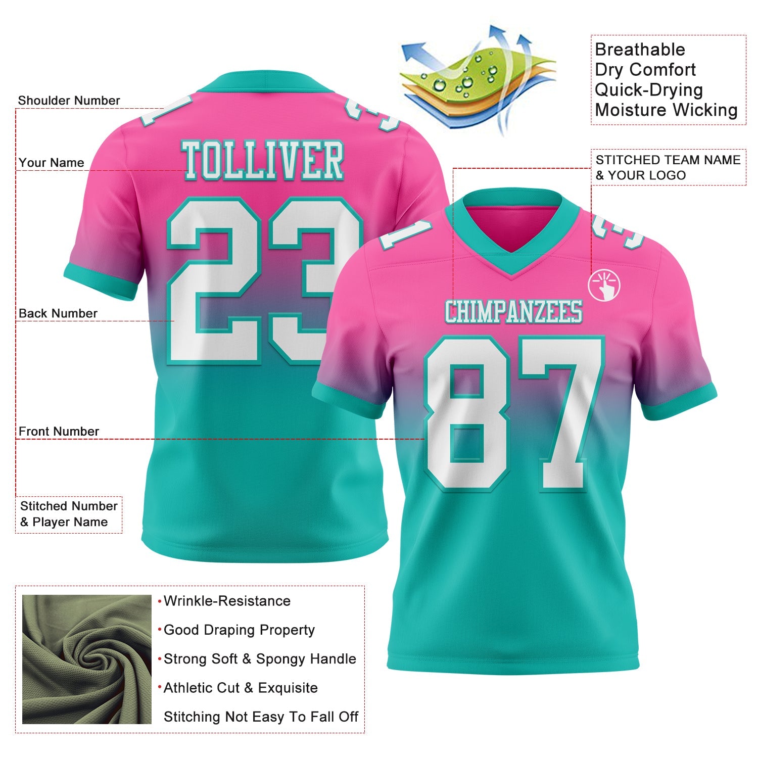 Custom Pink White-Aqua Authentic Fade Fashion Football Jersey view 2