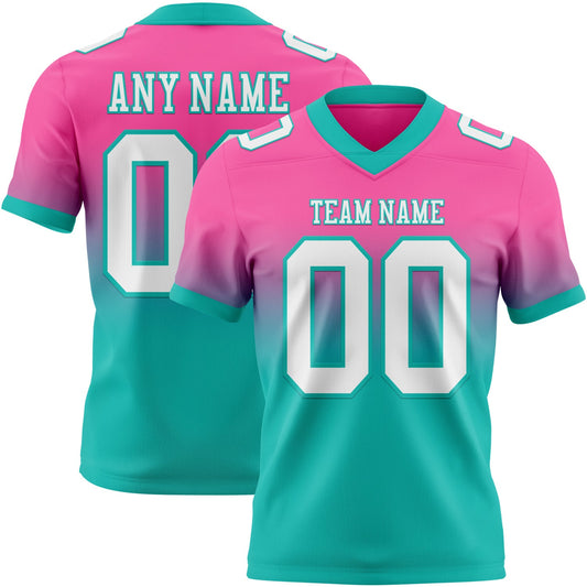 Custom Pink White-Aqua Authentic Fade Fashion Football Jersey - Main View