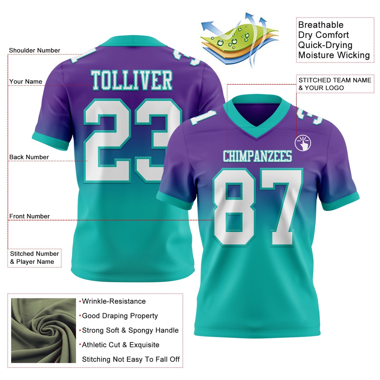 Custom Purple White-Aqua Authentic Fade Fashion Football Jersey view 2