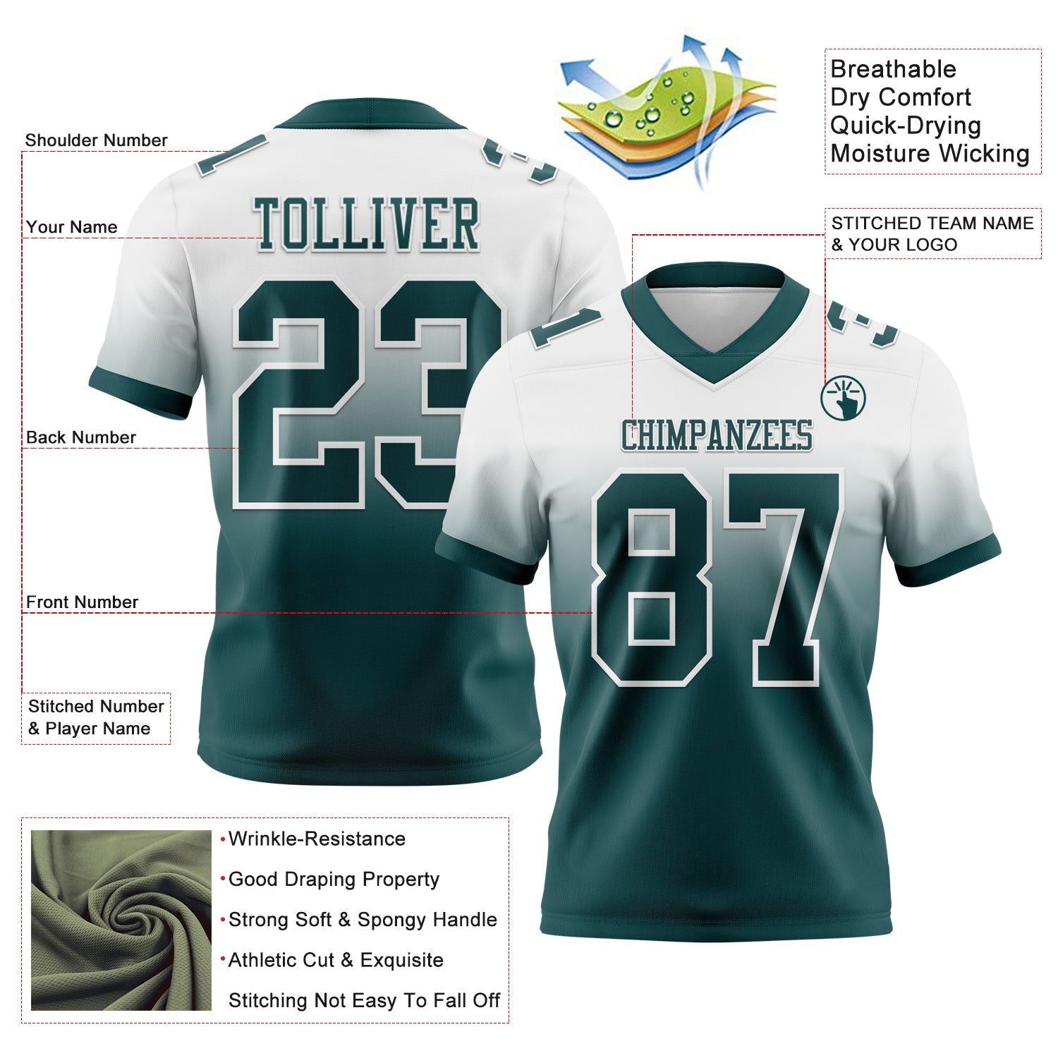 Custom White Midnight Green Authentic Fade Fashion Football Jersey view 2