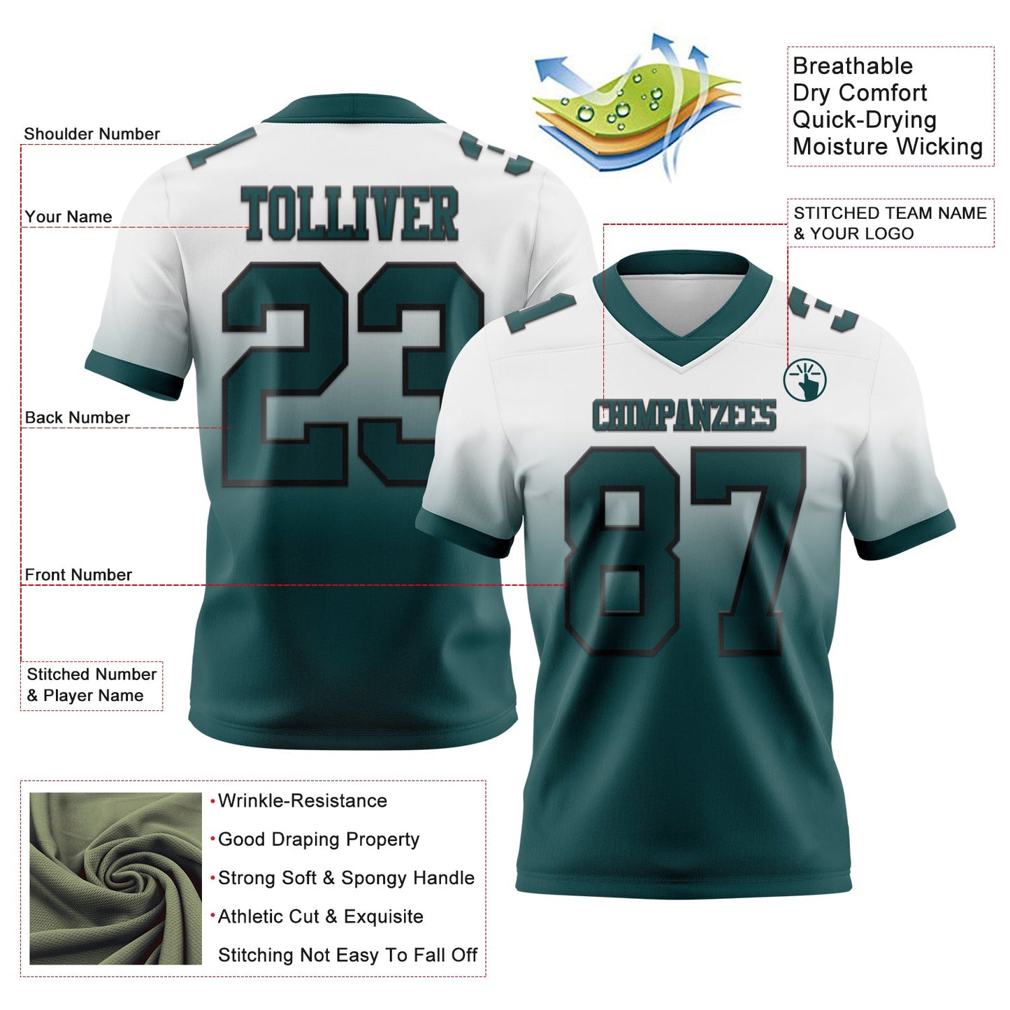 Custom White Midnight Green-Black Authentic Fade Fashion Football Jersey view 2