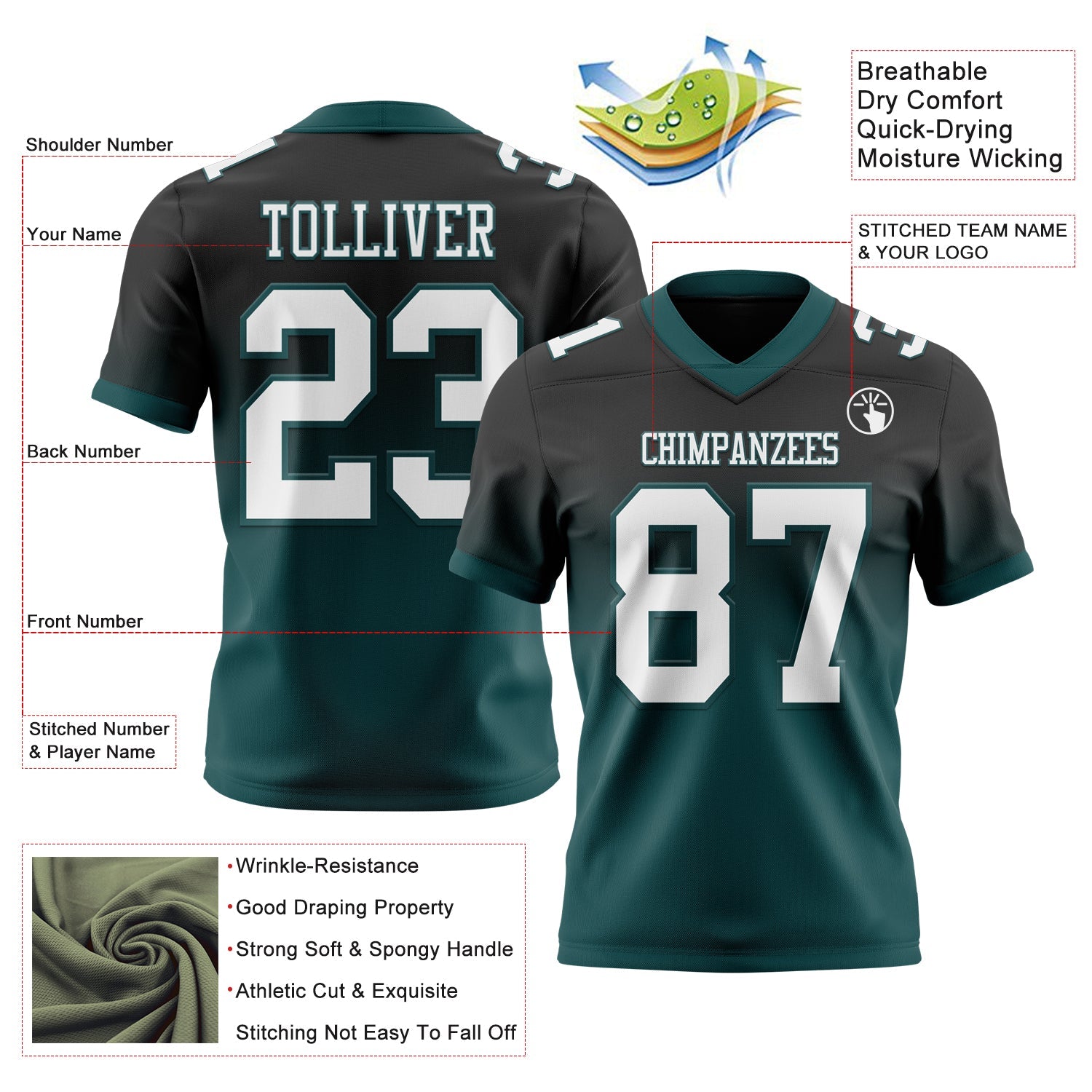 Custom Black White-Midnight Green Authentic Fade Fashion Football Jersey view 2