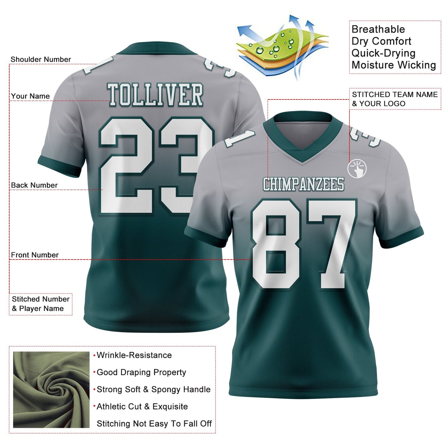 Custom Gray White-Midnight Green Authentic Fade Fashion Football Jersey view 2