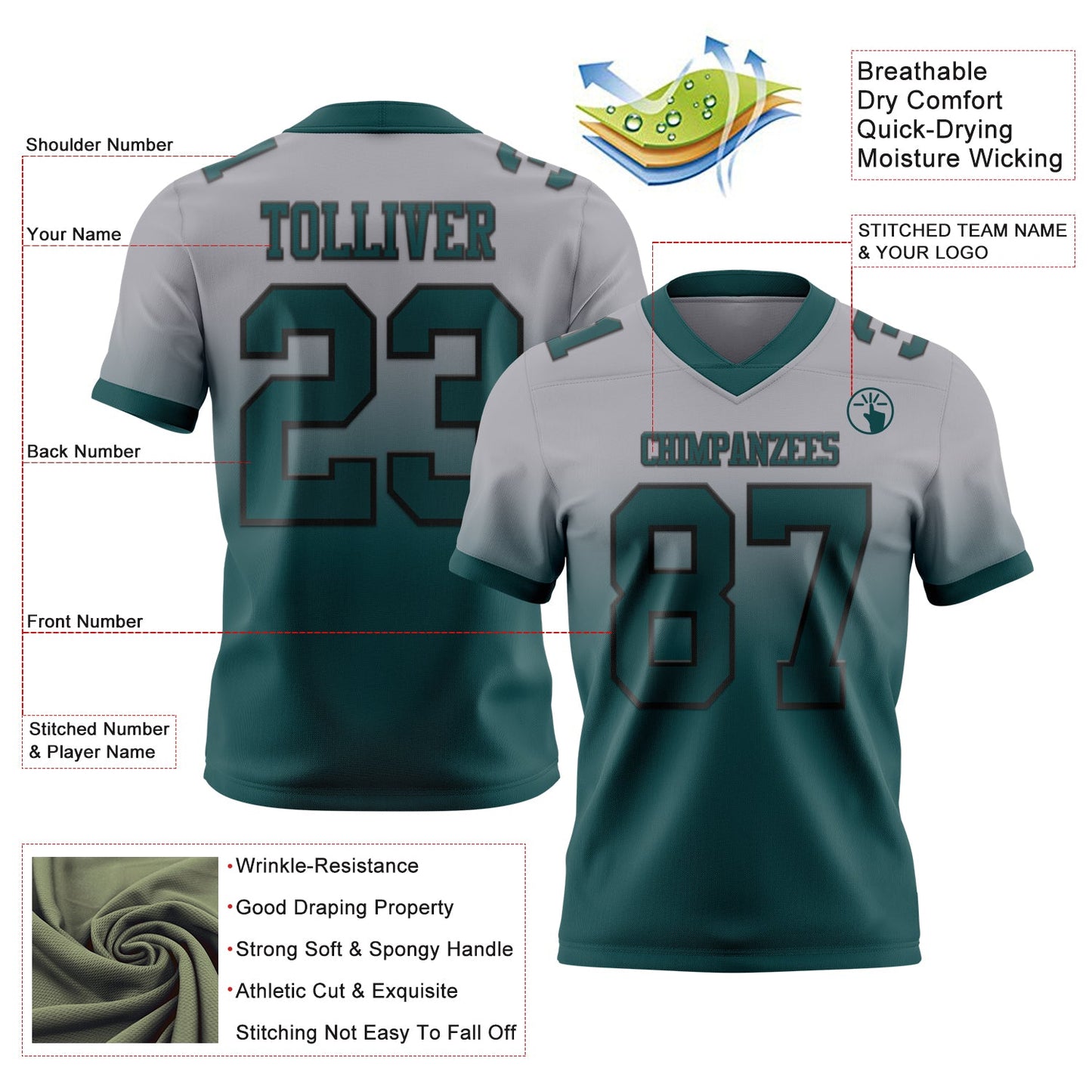 Custom Gray Midnight Green-Black Authentic Fade Fashion Football Jersey view 2