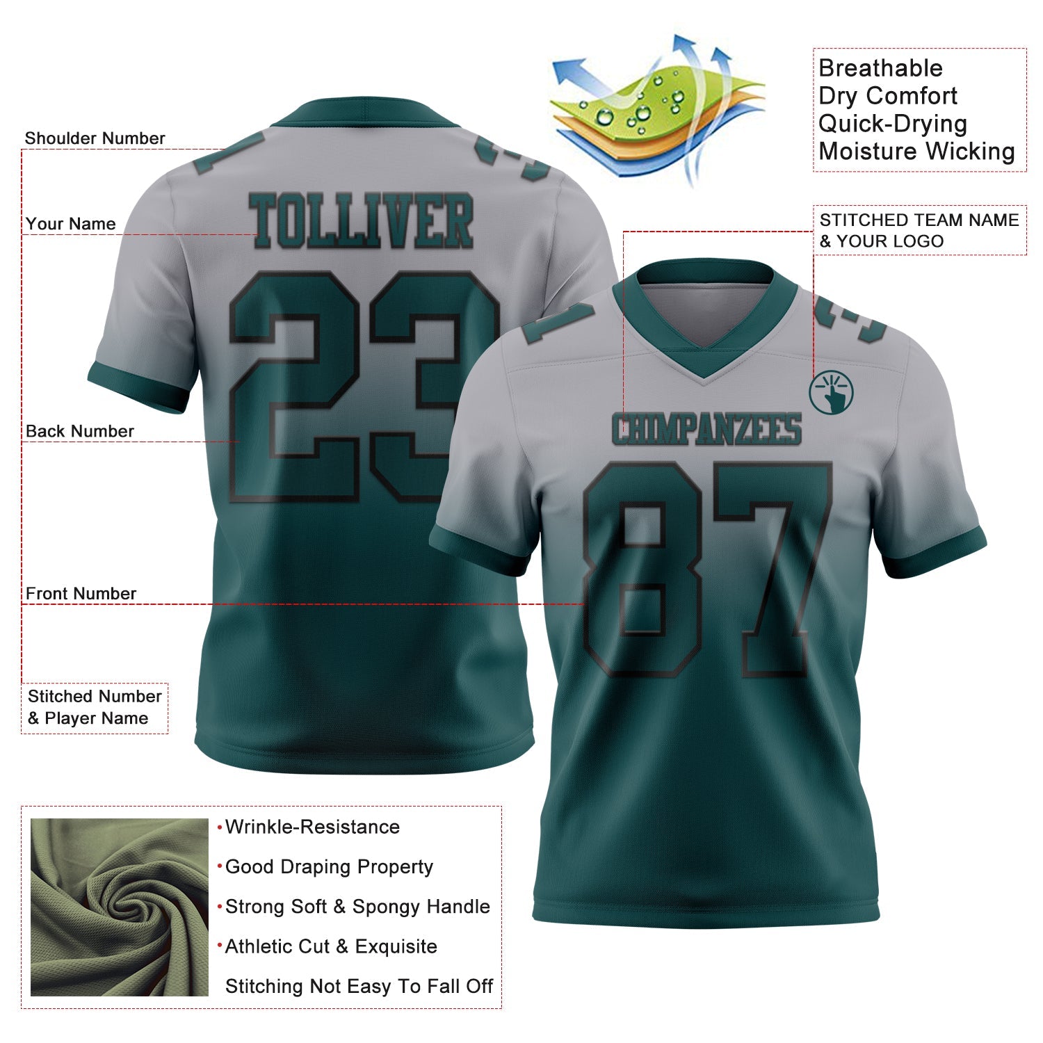 Custom Gray Midnight Green-Black Authentic Fade Fashion Football Jersey view 2