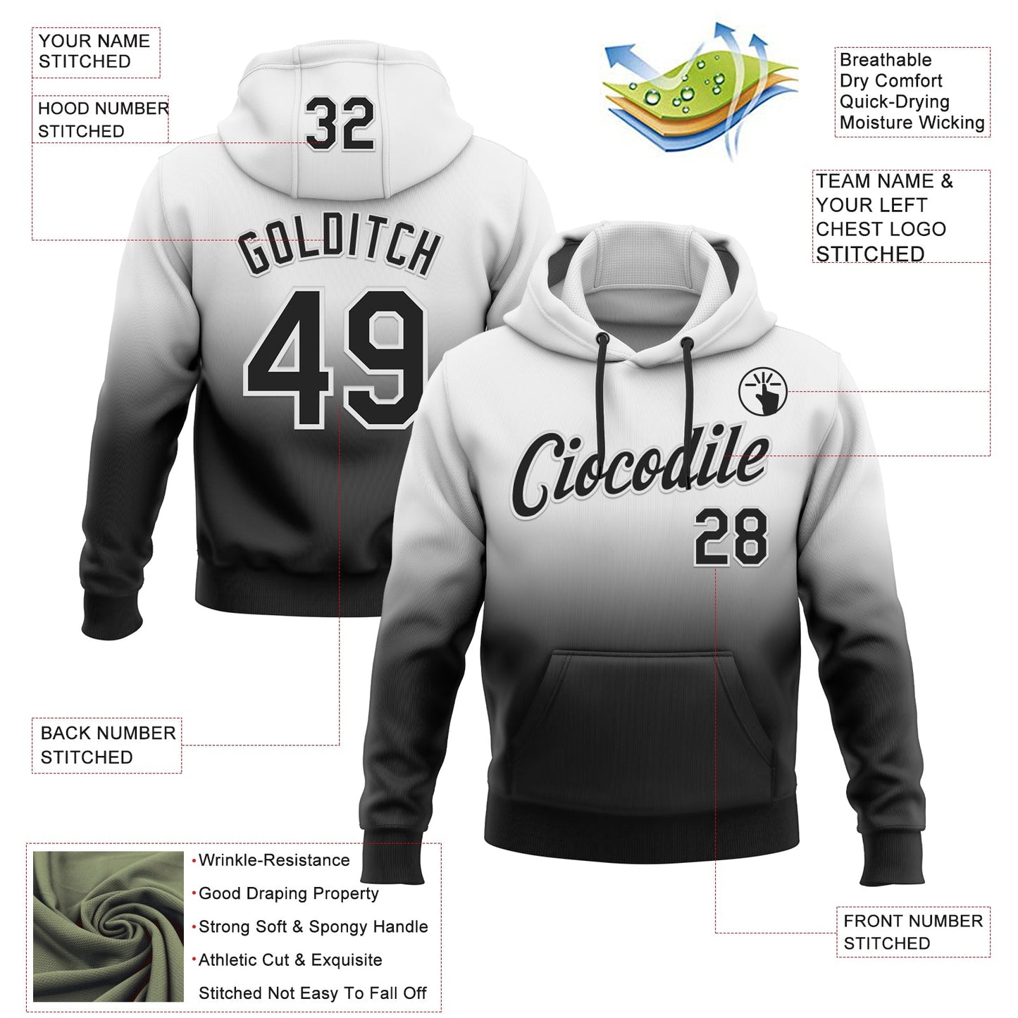 Custom Stitched White Black Fade Fashion Sports Pullover Sweatshirt Hoodie view 2