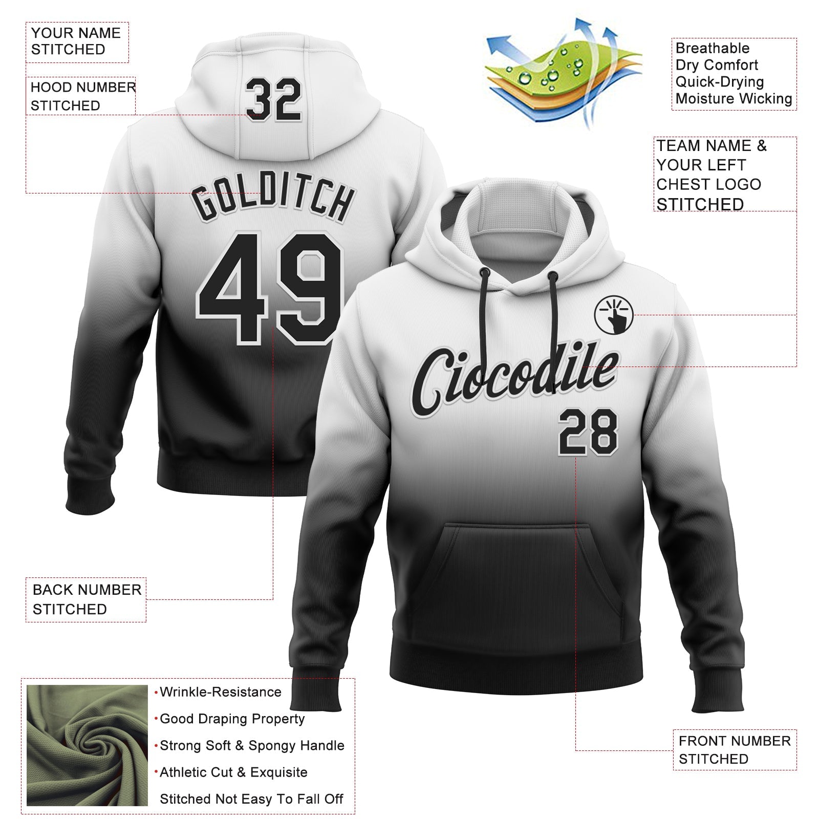 Custom Stitched White Black Fade Fashion Sports Pullover Sweatshirt Hoodie view 2