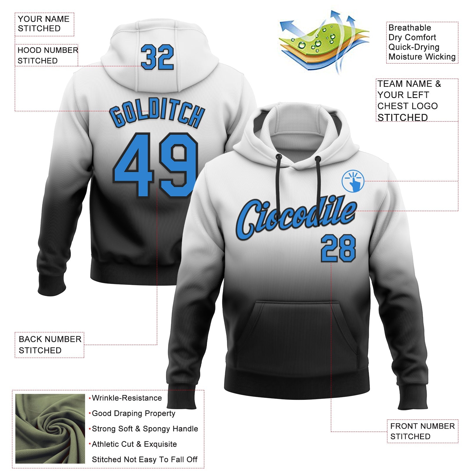 Custom Stitched White Powder Blue-Black Fade Fashion Sports Pullover Sweatshirt Hoodie view 2