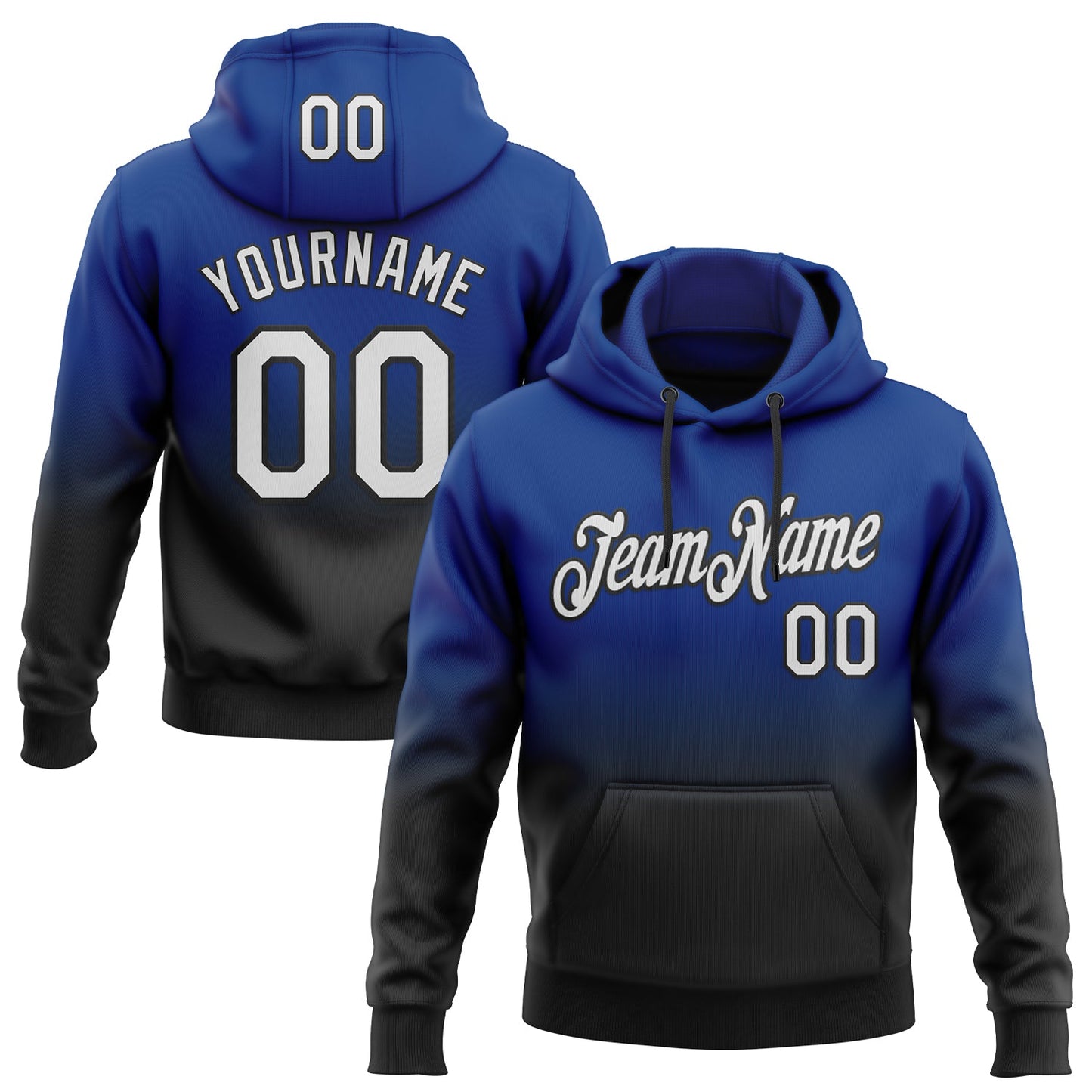 Custom Stitched Royal White-Black Fade Fashion Sports Pullover Sweatshirt Hoodie - Main View