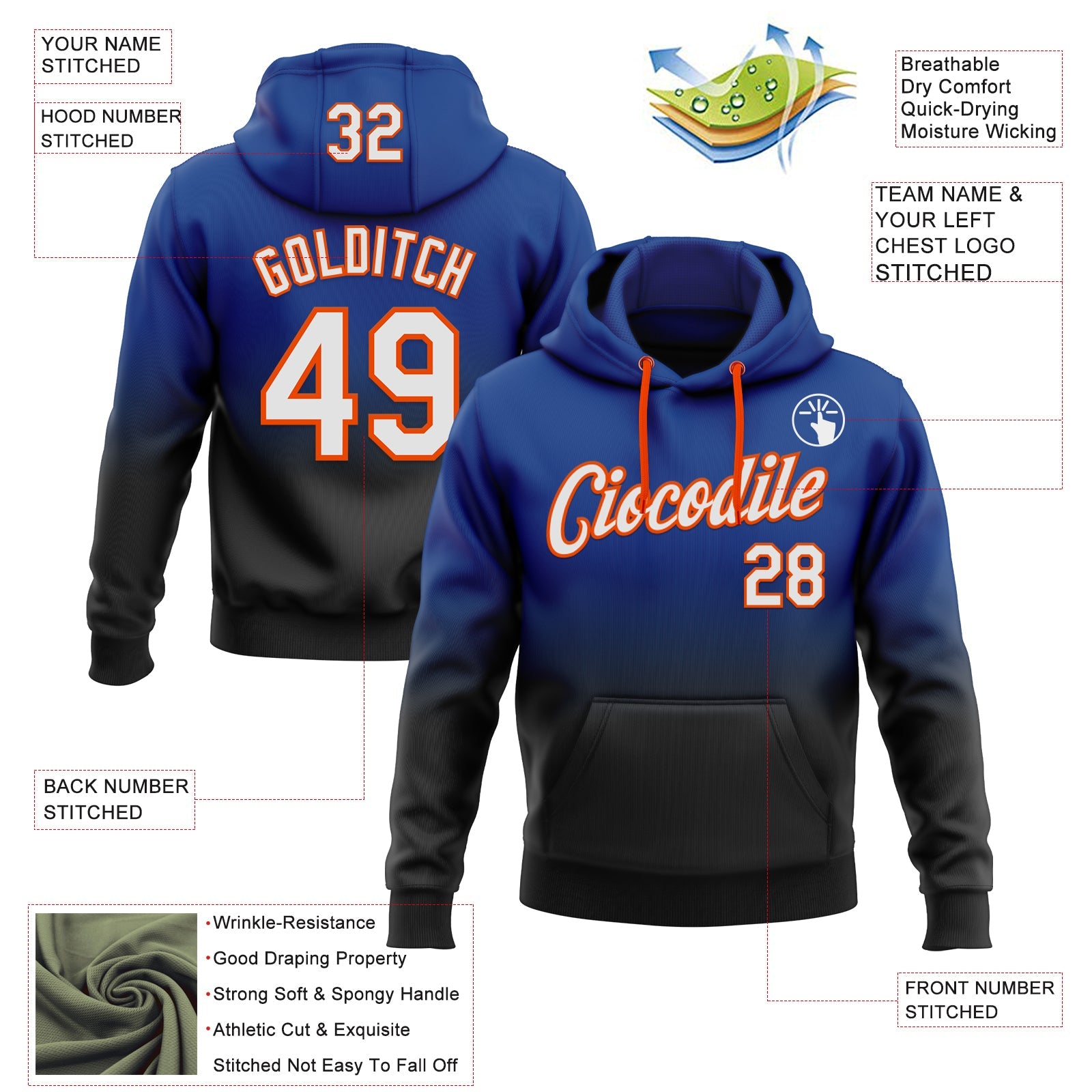 Custom Stitched Royal White Black-Orange Fade Fashion Sports Pullover Sweatshirt Hoodie view 2