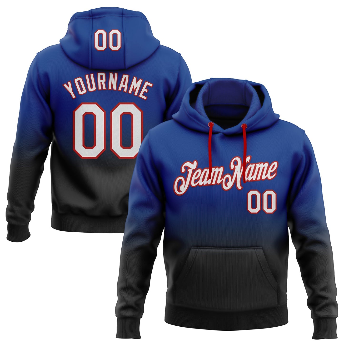 Custom Stitched Royal White Black-Red Fade Fashion Sports Pullover Sweatshirt Hoodie - Main View