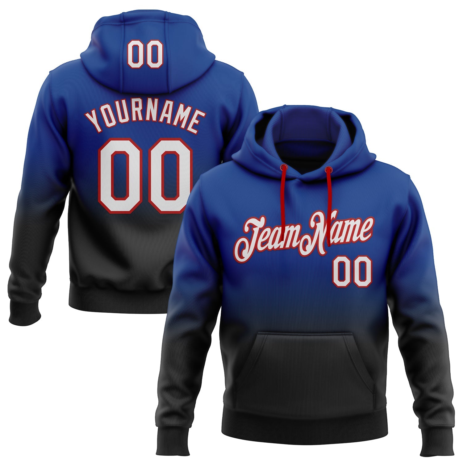 Custom Stitched Royal White Black-Red Fade Fashion Sports Pullover Sweatshirt Hoodie - Main View