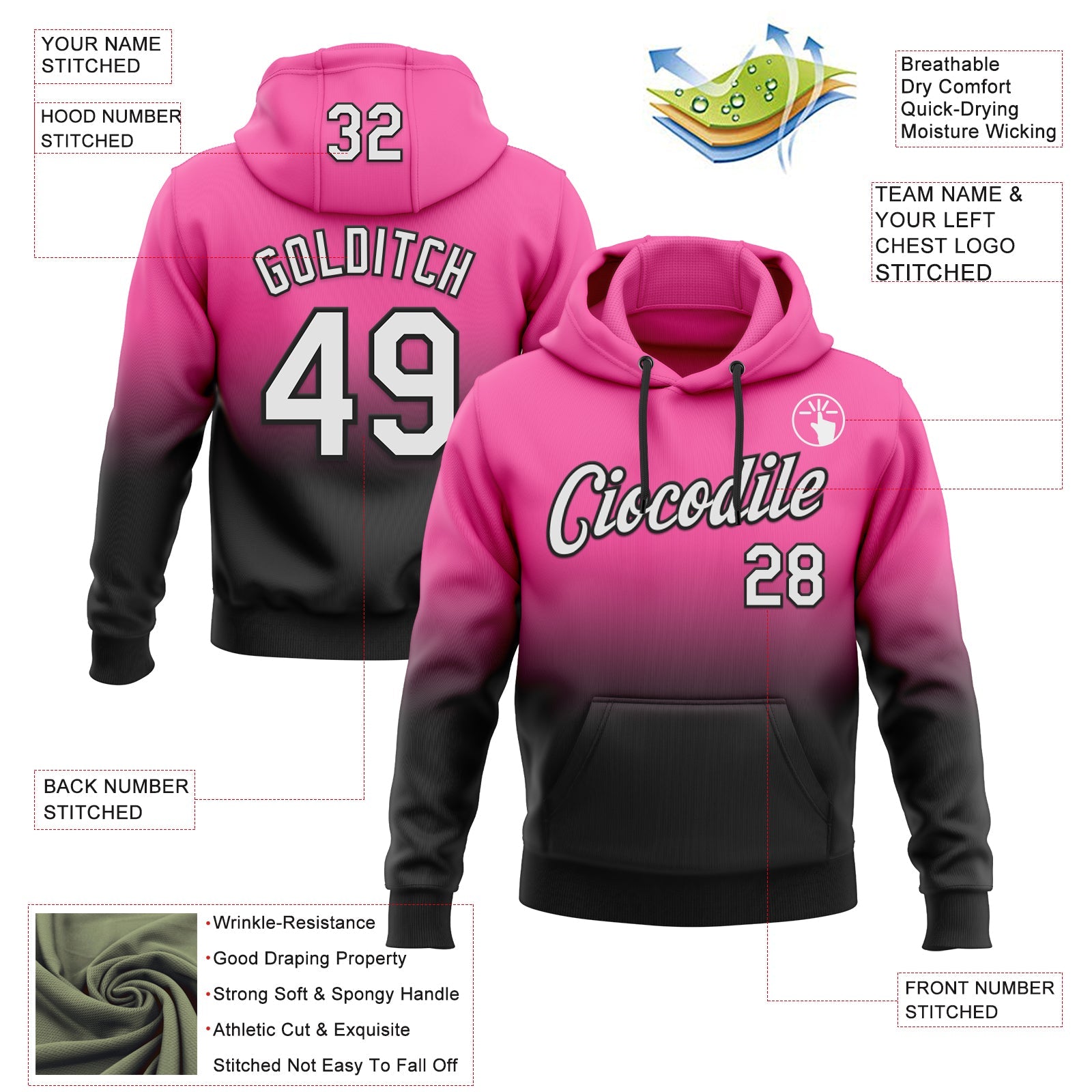 Custom Stitched Pink White-Black Fade Fashion Sports Pullover Sweatshirt Hoodie view 2