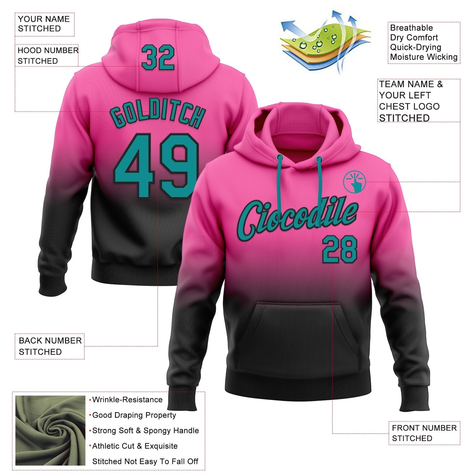 Custom Stitched Pink Teal-Black Fade Fashion Sports Pullover Sweatshirt Hoodie view 2
