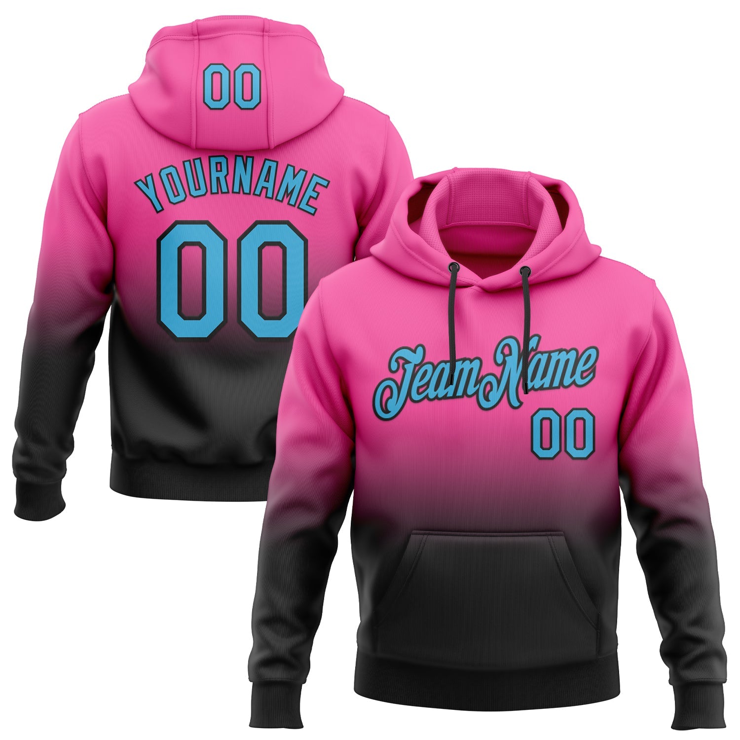 Custom Stitched Pink Sky Blue-Black Fade Fashion Sports Pullover Sweatshirt Hoodie - Main View