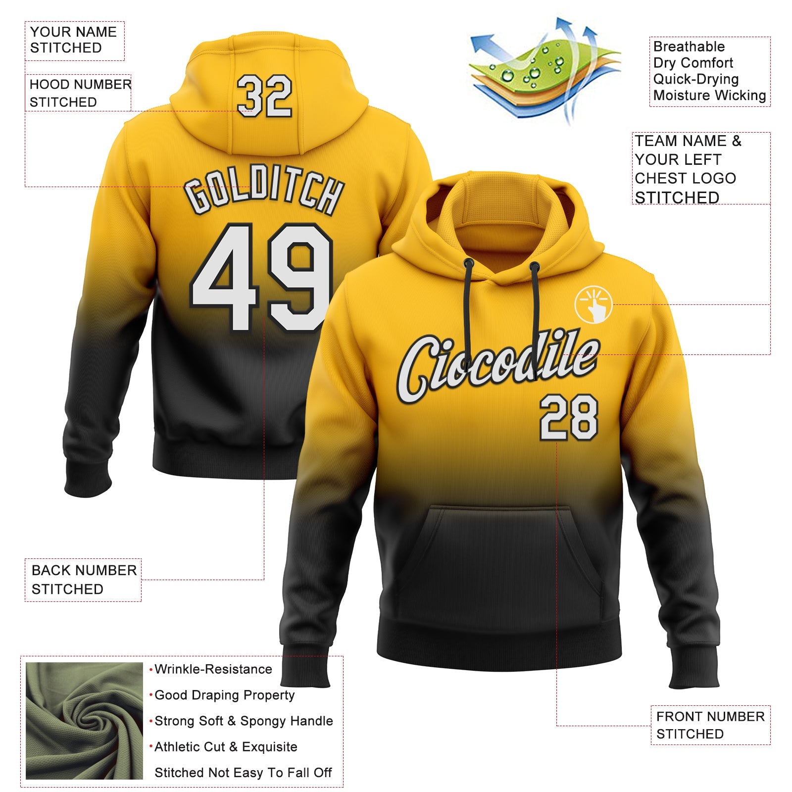 Custom Stitched Gold White-Black Fade Fashion Sports Pullover Sweatshirt Hoodie view 2