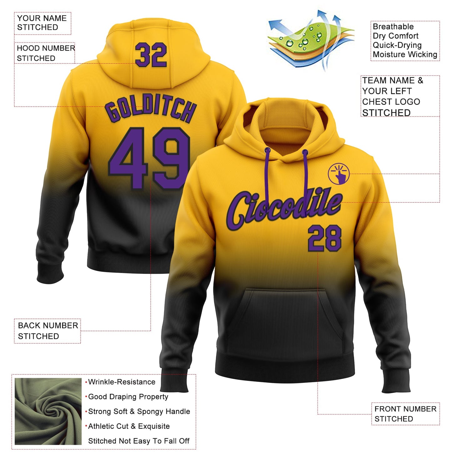 Custom Stitched Gold Purple-Black Fade Fashion Sports Pullover Sweatshirt Hoodie view 2