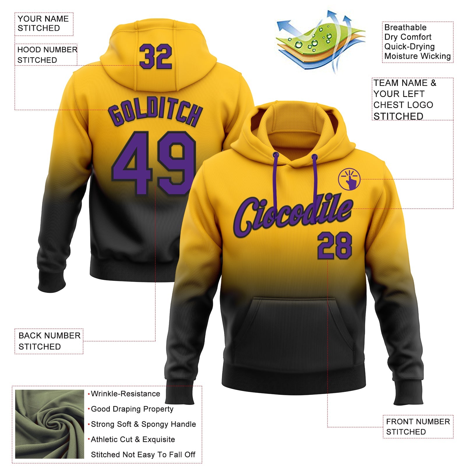 Custom Stitched Gold Purple-Black Fade Fashion Sports Pullover Sweatshirt Hoodie view 2