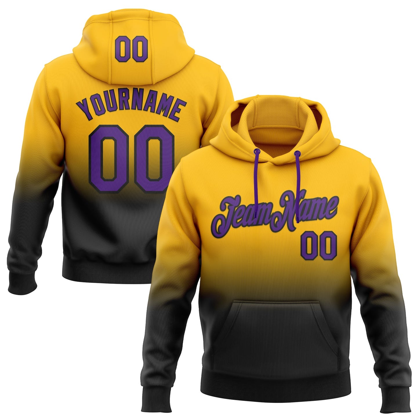 Custom Stitched Gold Purple-Black Fade Fashion Sports Pullover Sweatshirt Hoodie - Main View