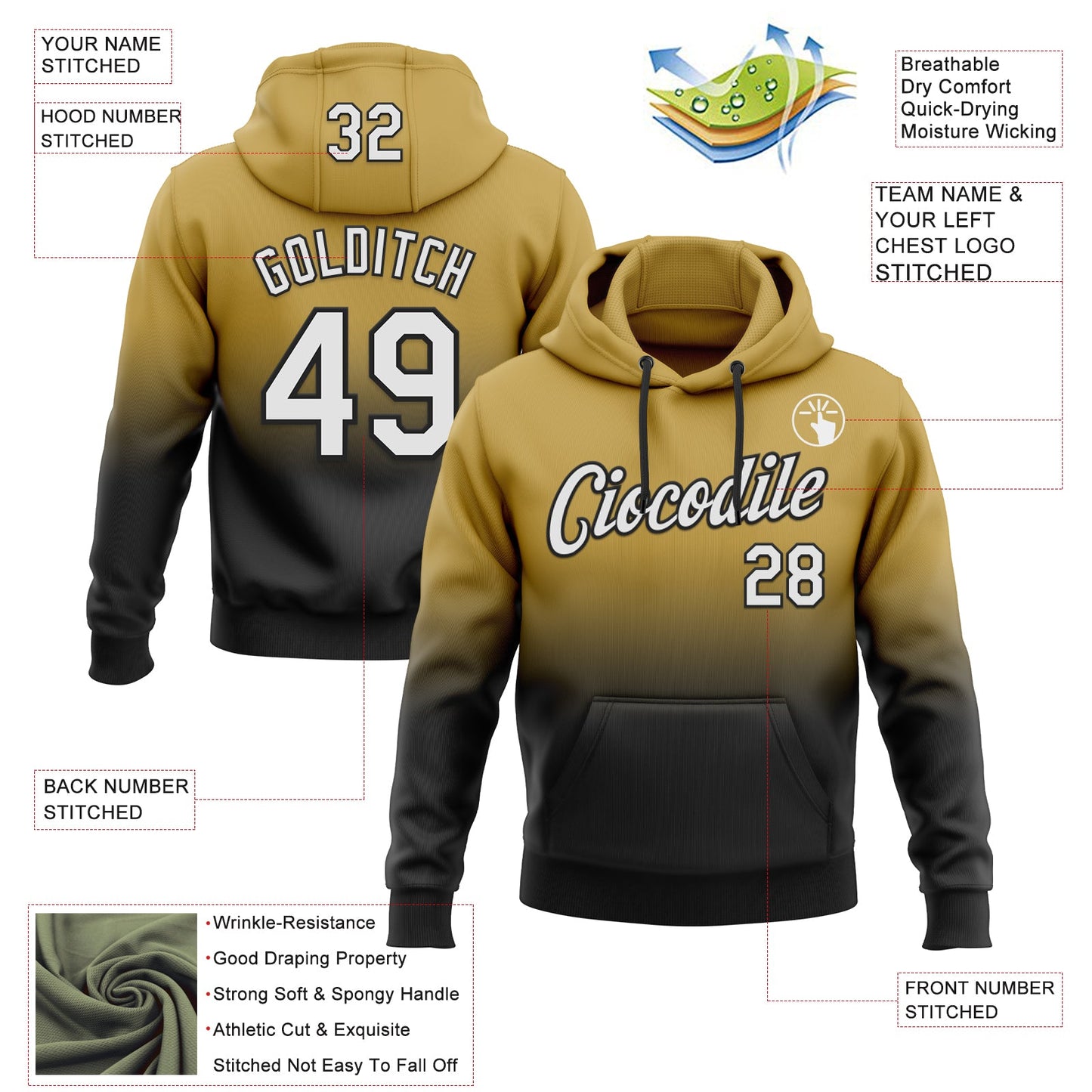 Custom Stitched Old Gold White-Black Fade Fashion Sports Pullover Sweatshirt Hoodie view 2